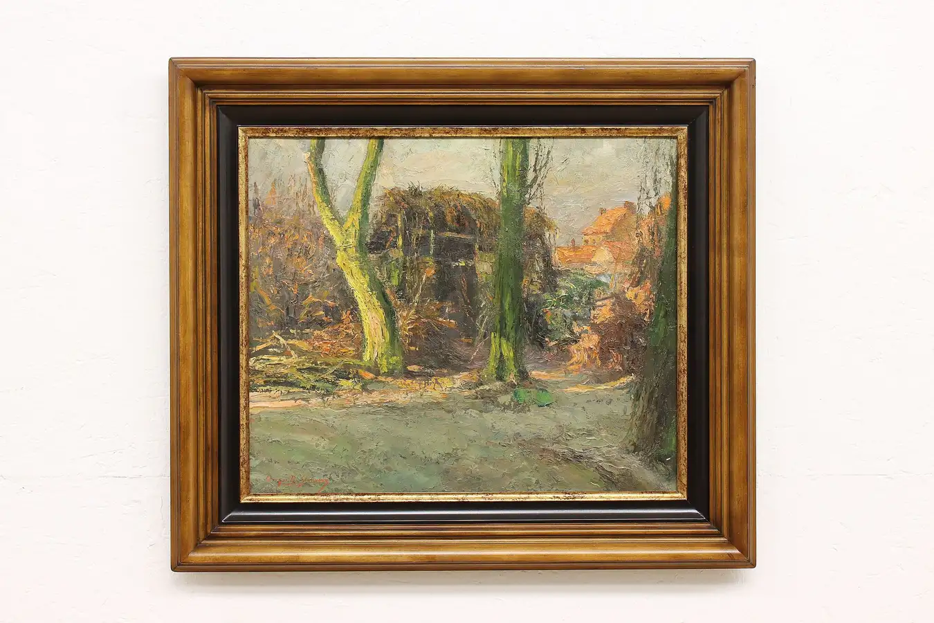 Main image of Scene of Bruges Belgium Antique Original Oil Painting, Sloovere 31.5"