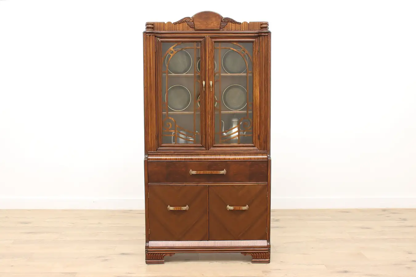 Main image of Art Deco Vintage Walnut Burl China Display, Curio Cabinet,or Bookcase
