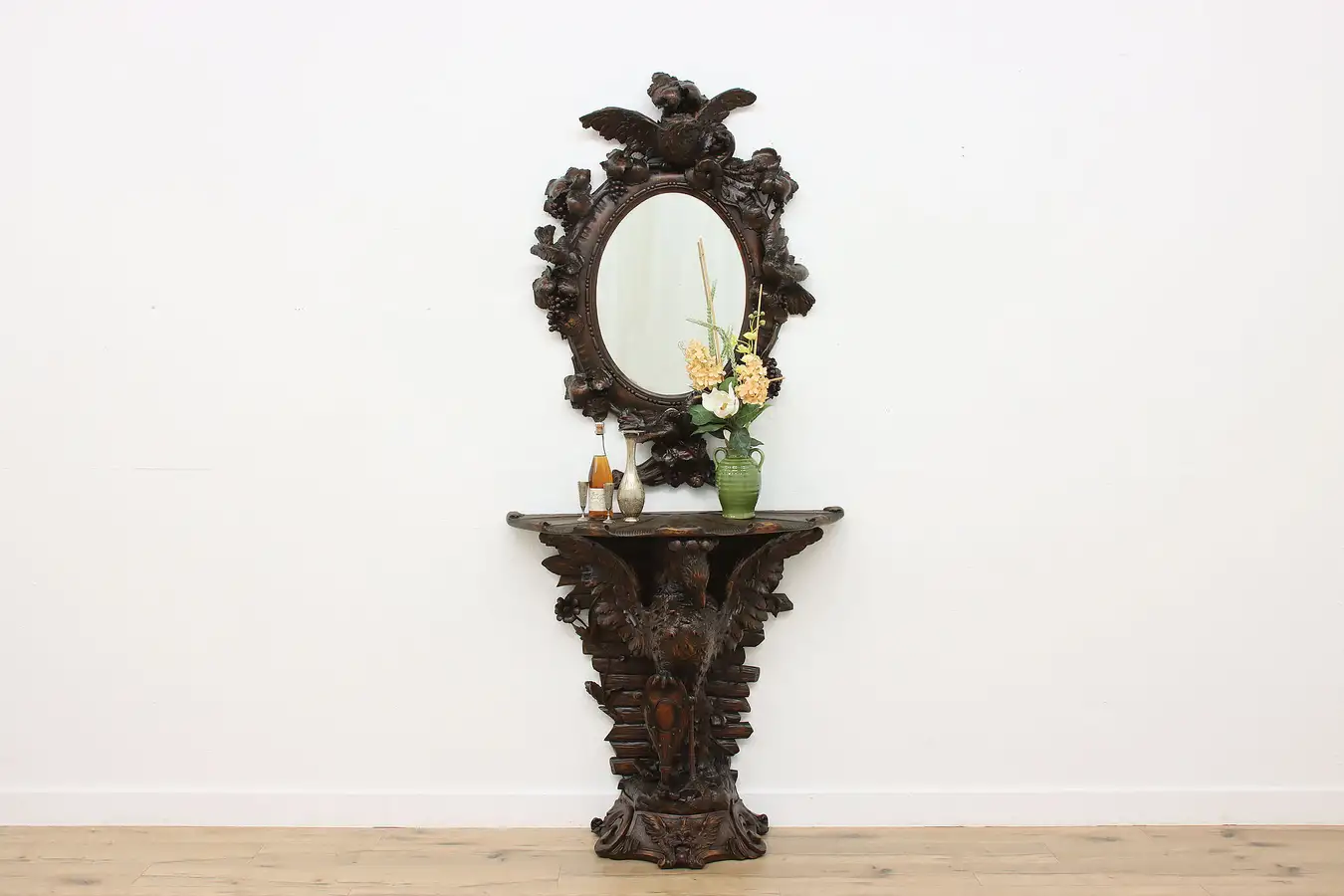 Main image of Italian Antique Hand Carved Phoenix Bird Console & Mirror