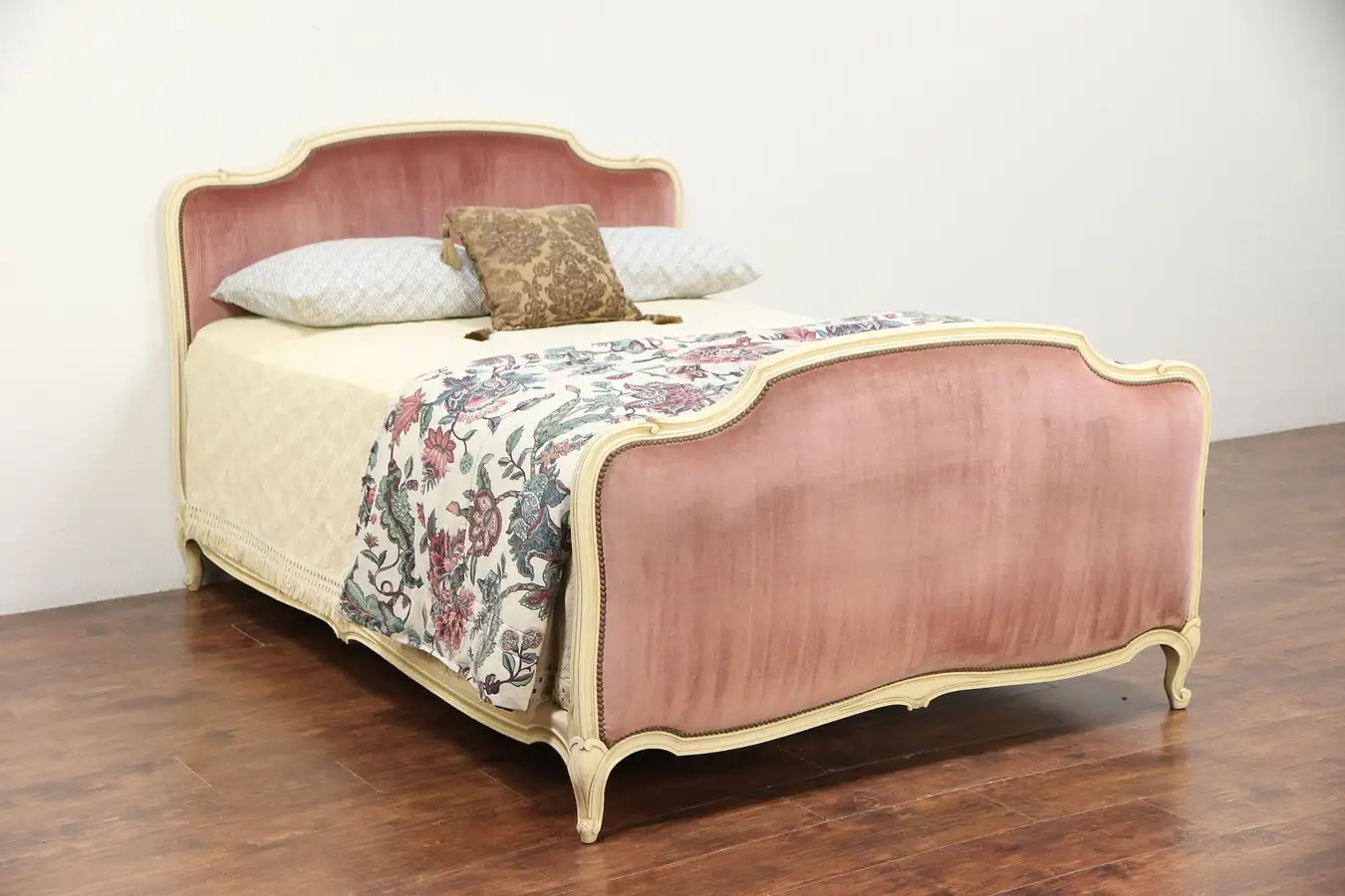 Main image of Italian Painted Vintage Double Bed, Rose or Pink Velvet Upholstery
