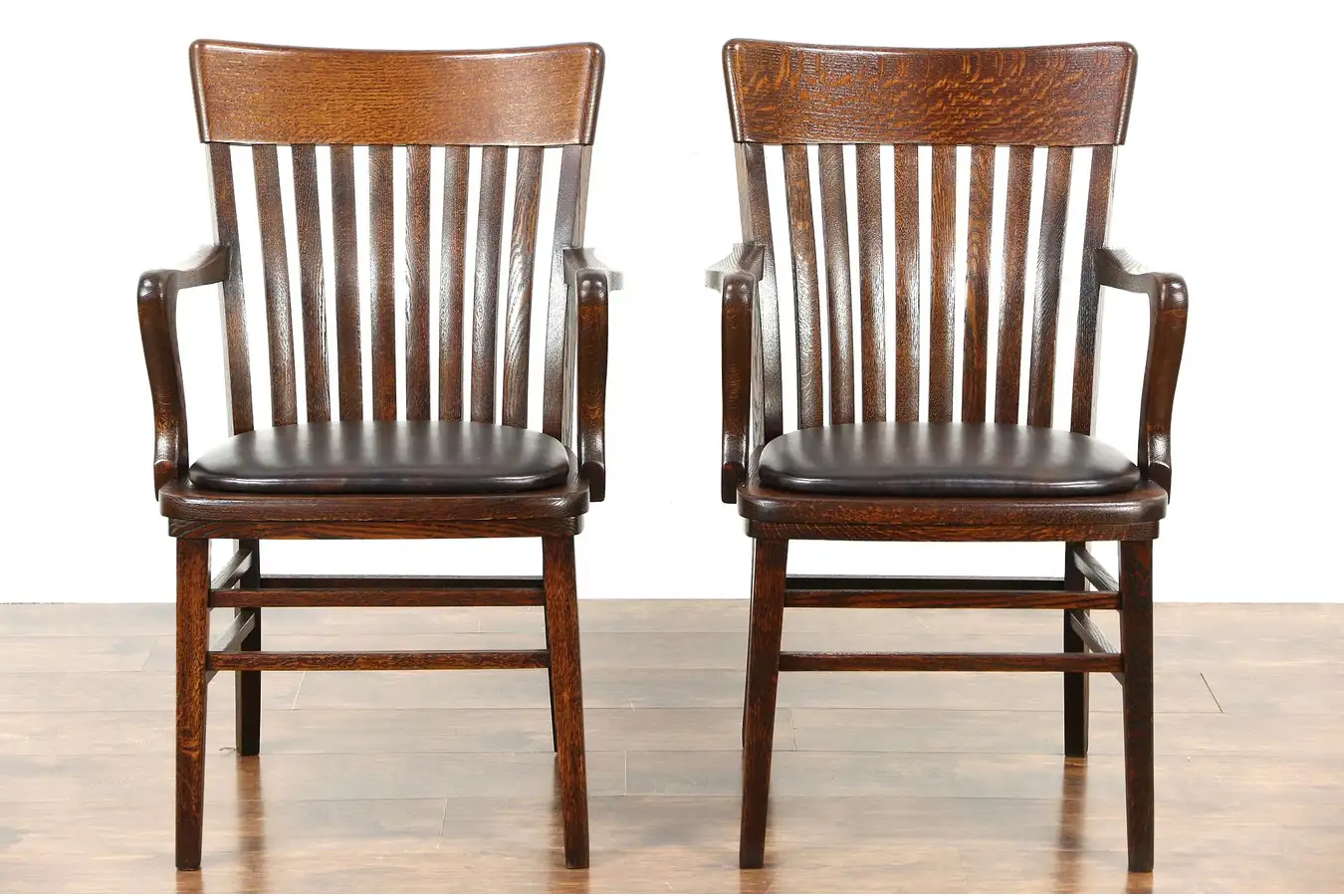 Main image of Pair 1910 Antique Oak Banker or Office Chairs, Leather Seats