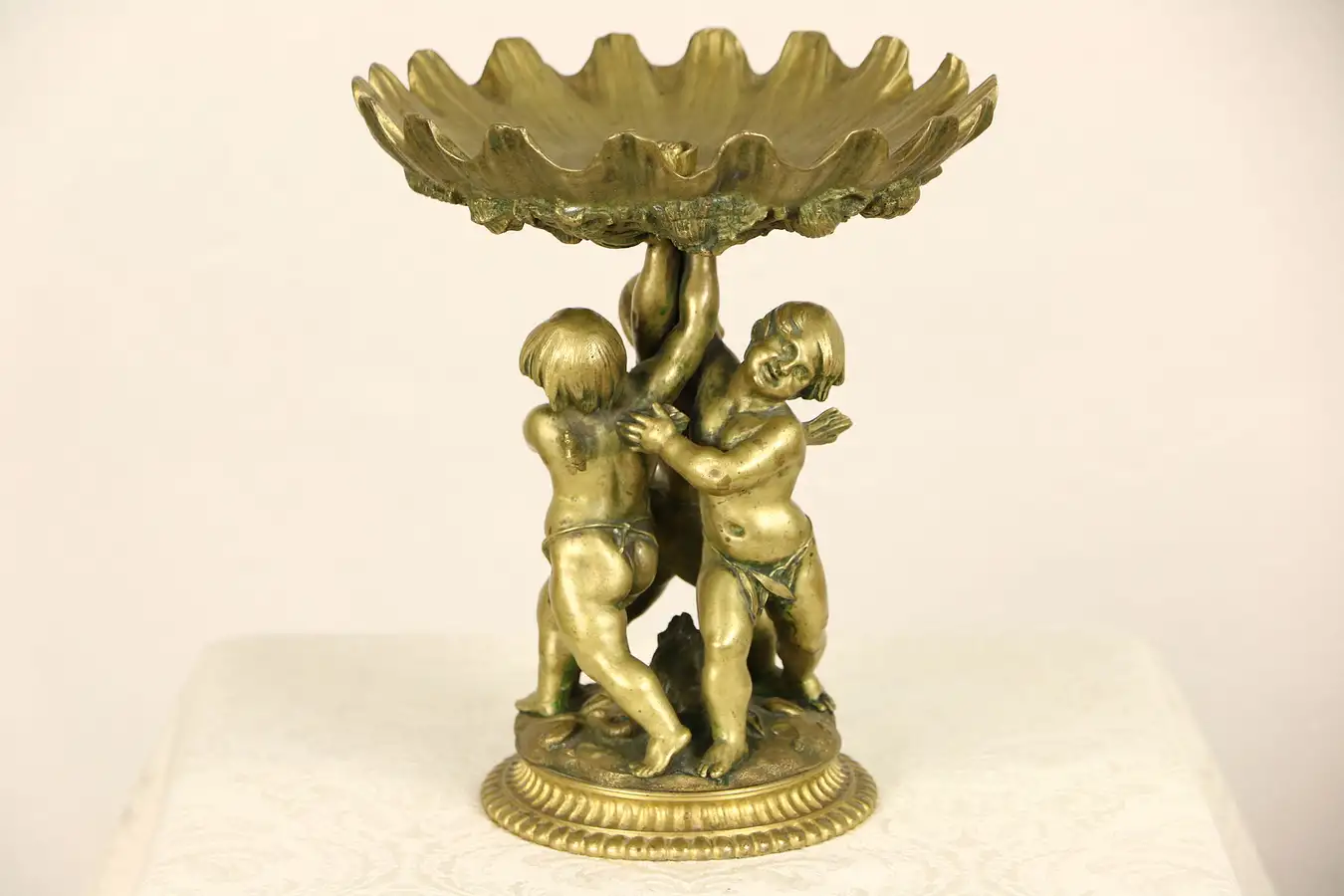 Main image of Bronze 1900 Antique Sculpture, Three Angels or Cherubs, Seashell Motif