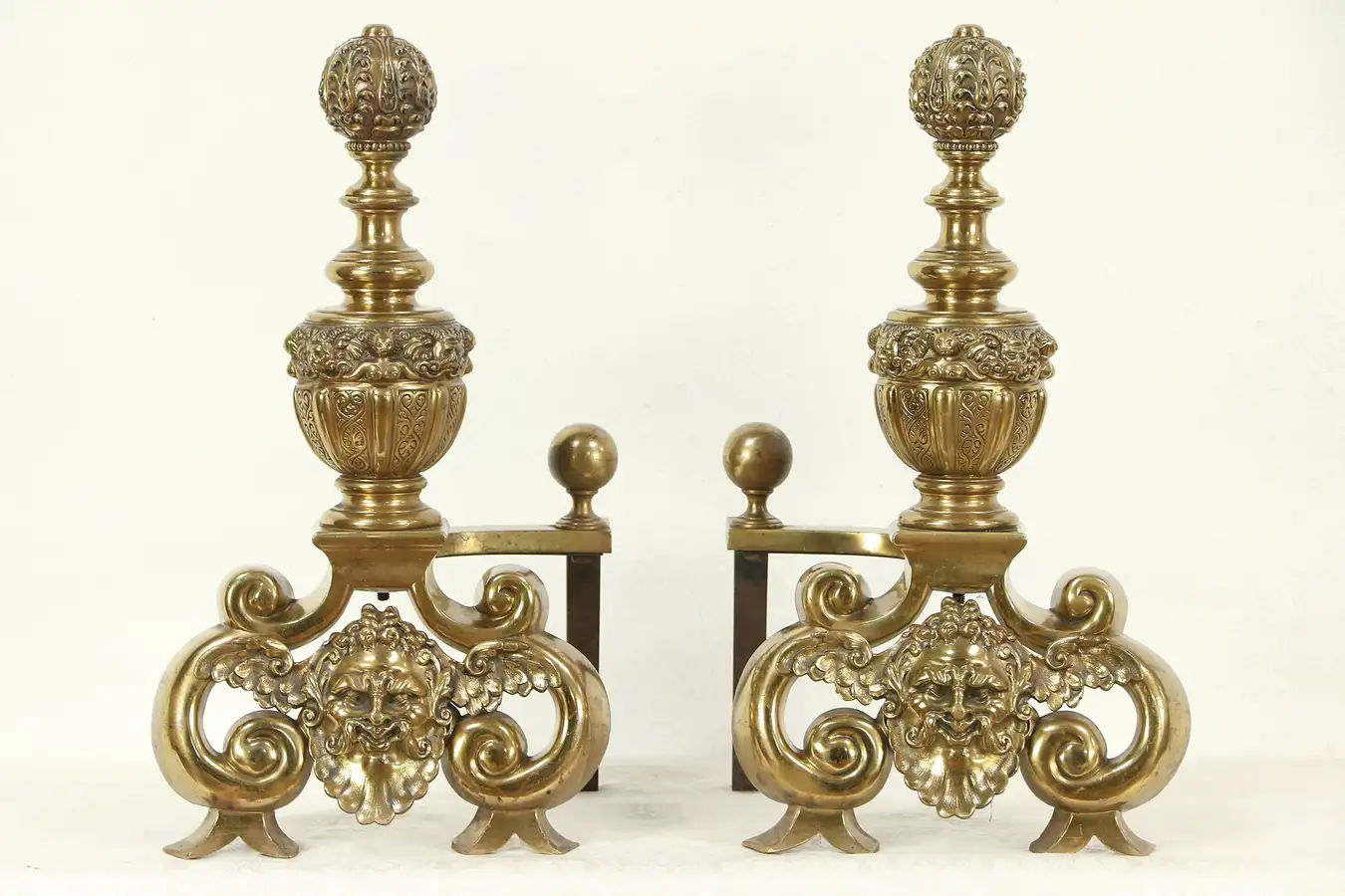 Main image of Brass Antique Fireplace Hearth Andirons, Embossed Heads