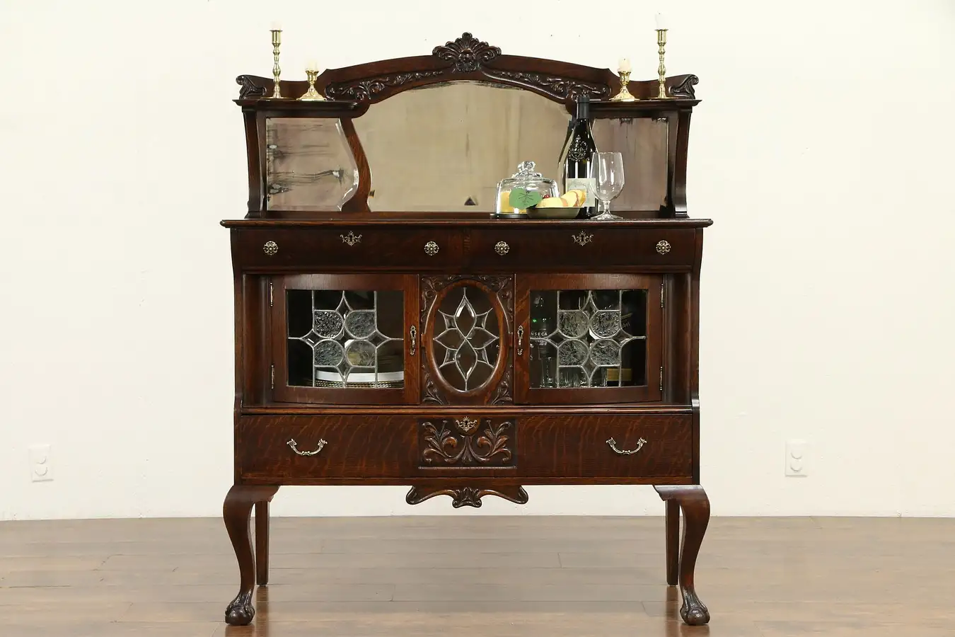 Main image of Victorian Antique Oak Sideboard Server, Leaded Glass, Beveled Mirrors