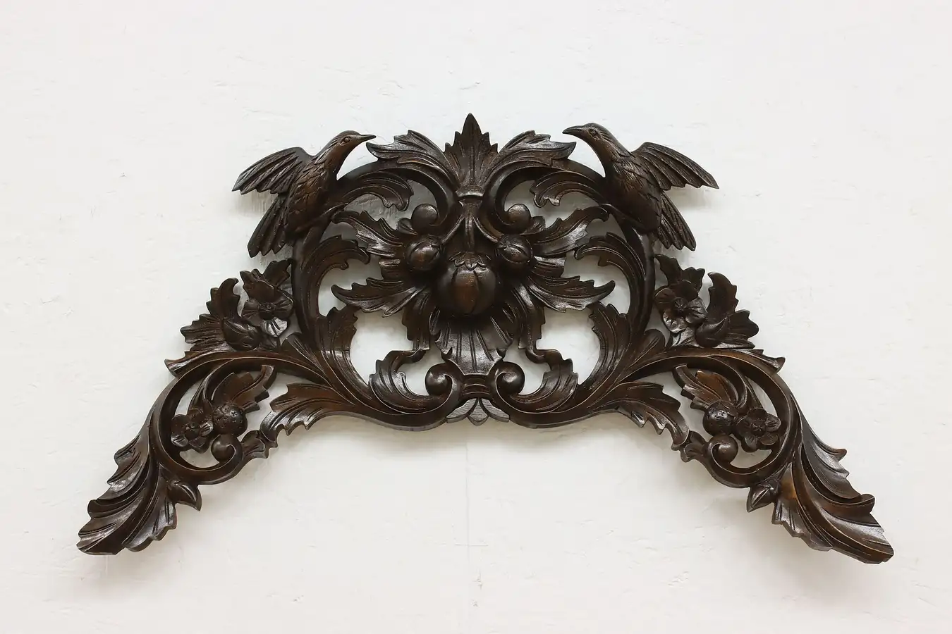 Main image of Austrian Antique Arch Salvage Mahogany Crest, Birds & Fruit