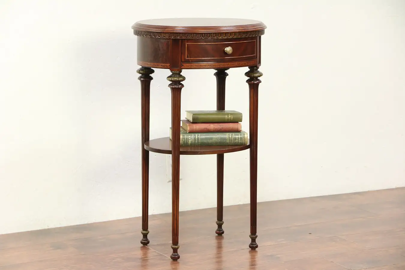 Main image of Walnut, Burl & Banded Antique Oval Nightstand or End Table