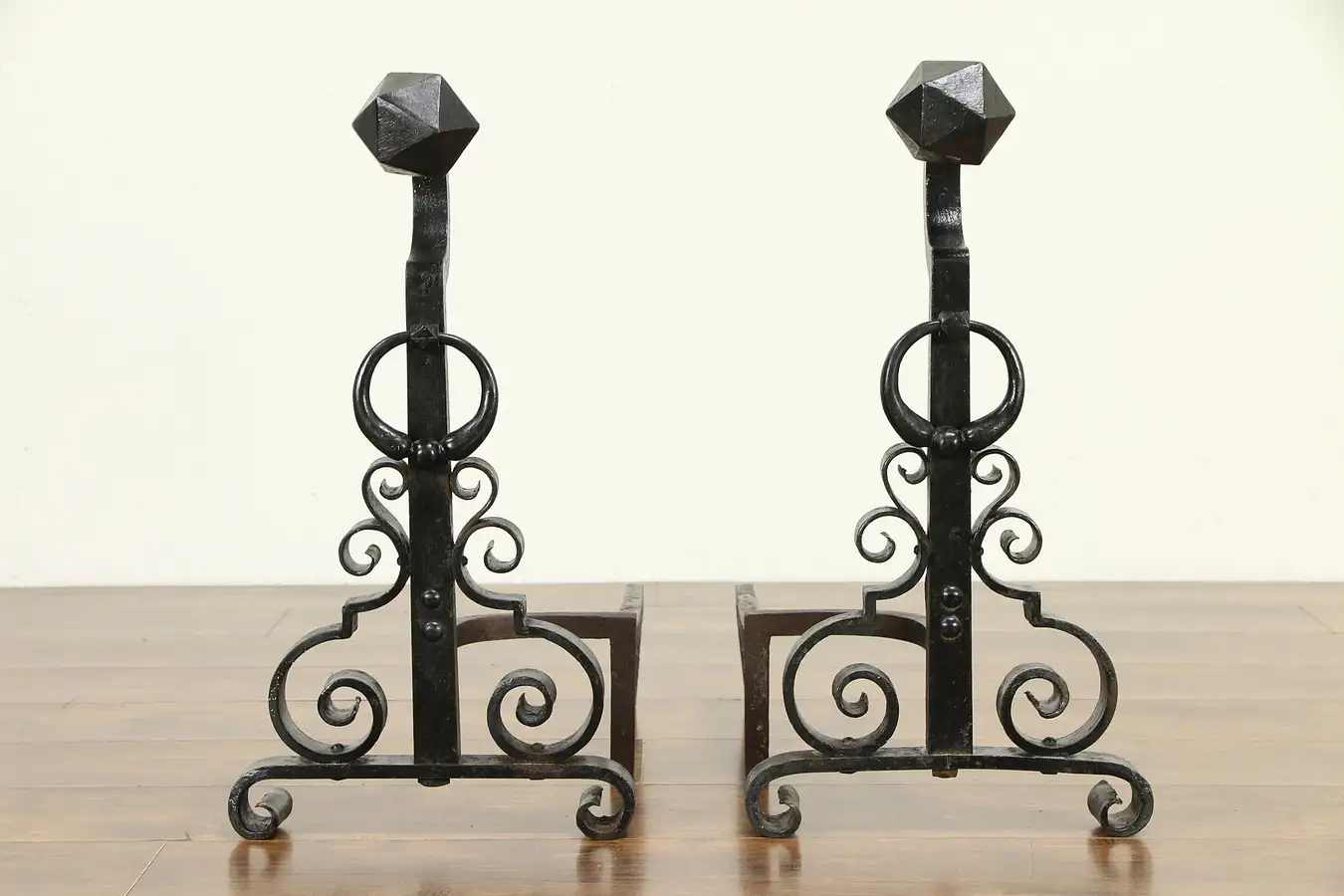 Main image of Pair of Hand Wrought Iron Large Antique Fireplace Andirons
