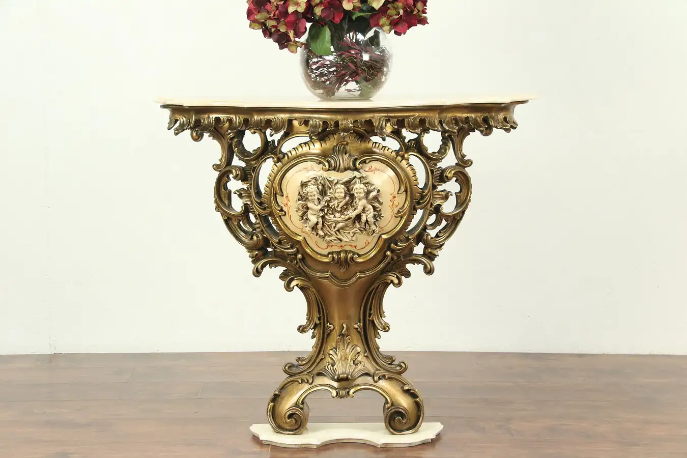 Main image of Baroque Marble Vintage Hall Console Table, Cherub Sculptures, Italy