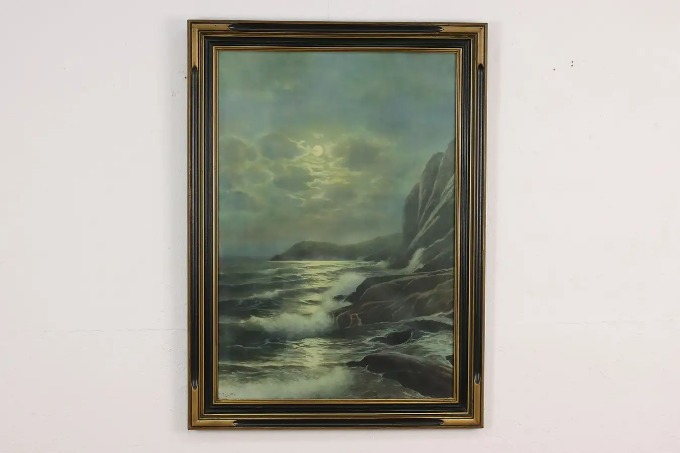 Main image of Moonlight Coastal Scene Antique Original Print, Gay 33.5"