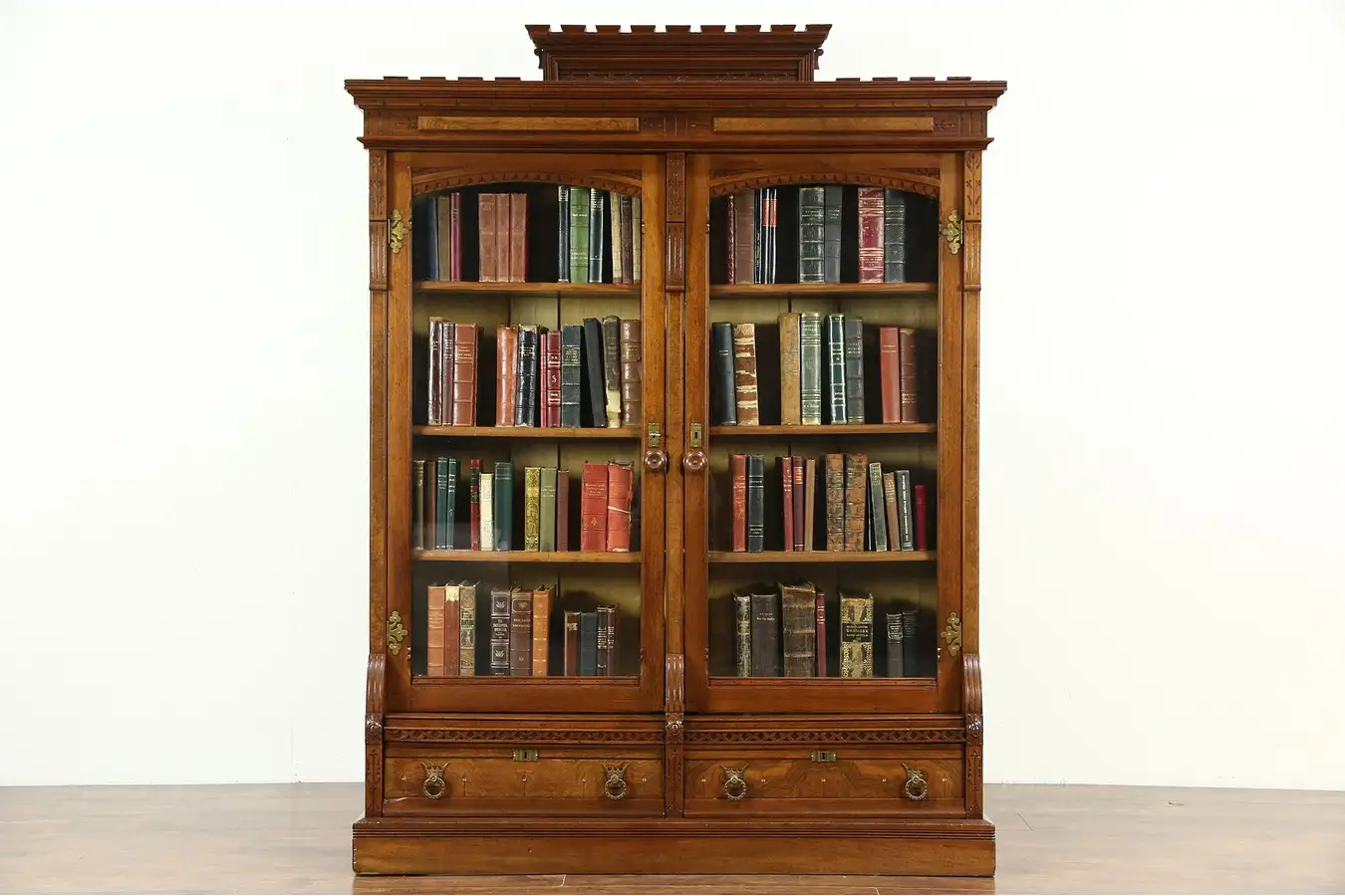 Main image of Victorian Eastlake 1870's Antique Library Carved Walnut Bookcase
