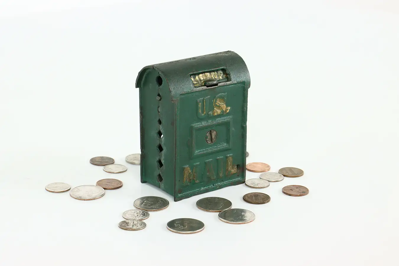 Main image of Cast Iron Antique US Mail Mailbox Coin Bank, Hinged Lid, Original Paint