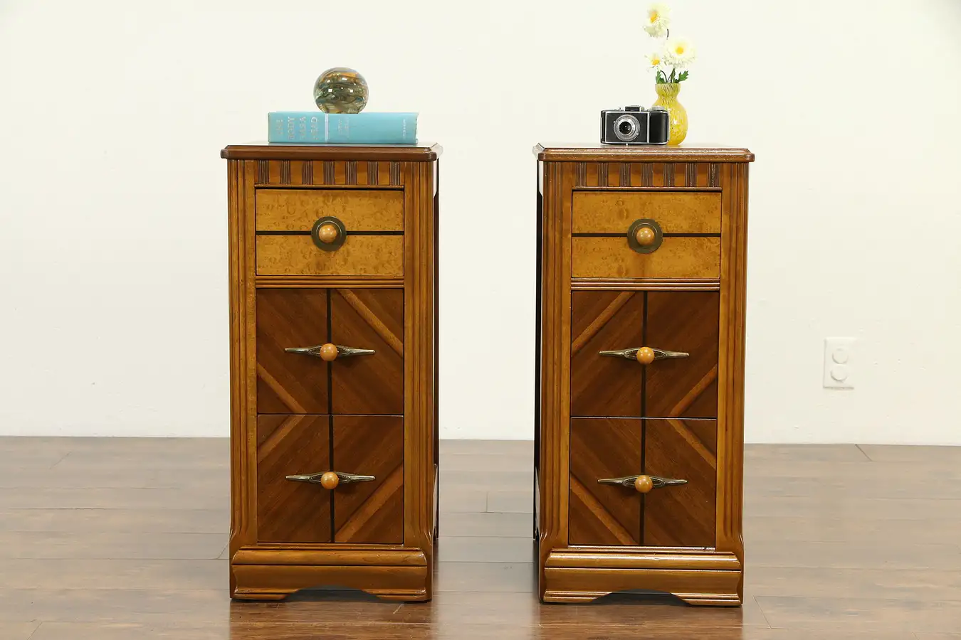 Main image of Pair of Art Deco Night Stands or End Tables, Curly Birdseye Maple