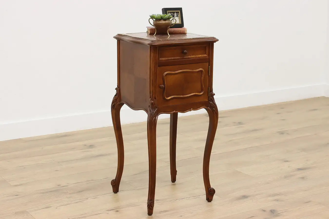 Main image of French Antique Marble Top Walnut Nightstand End Side Table