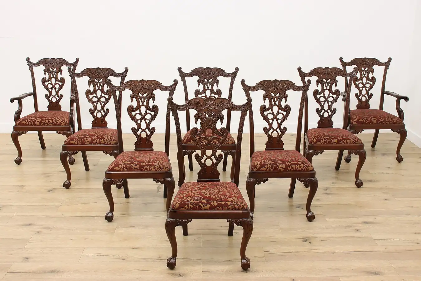 Main image of Set of 8 Vintage Georgian Carved Mahogany Dining Chairs