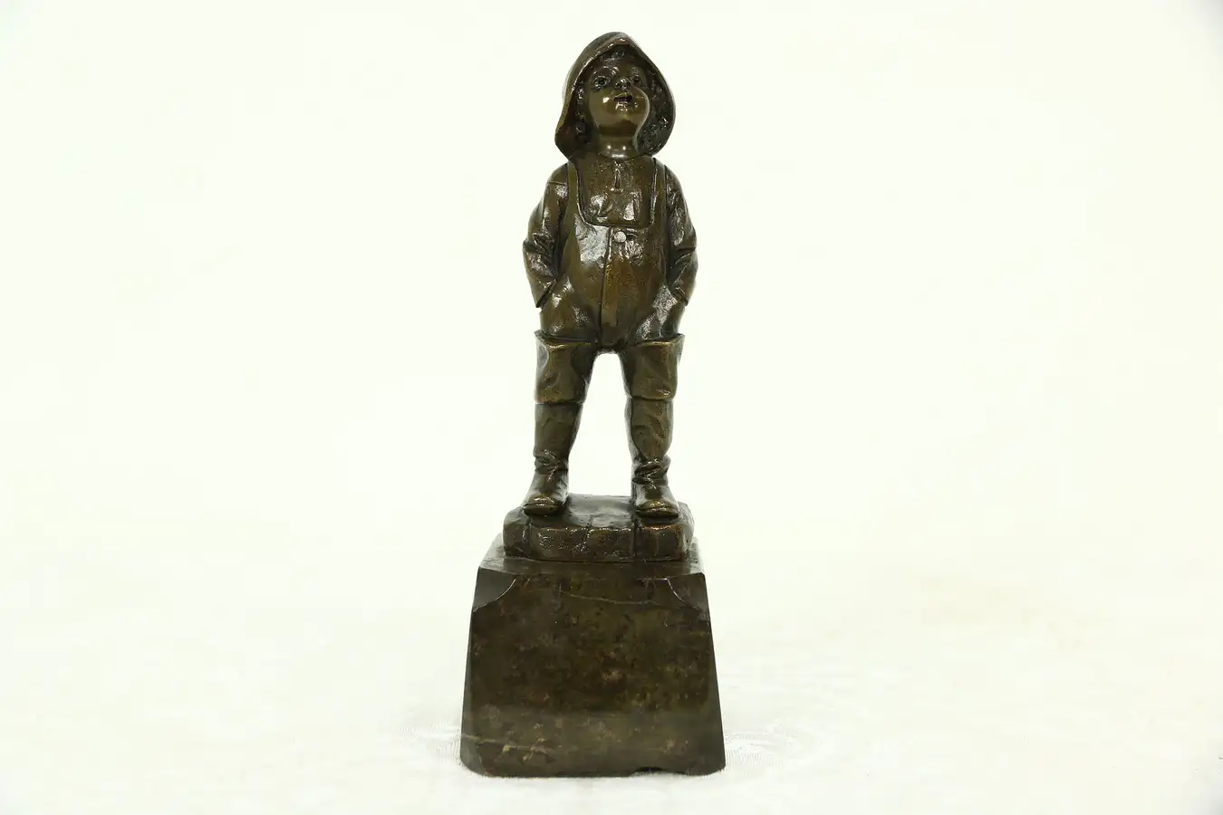Main image of Bronze Antique Statue of a Boy wearing Hat & Rainboots, Marble Base