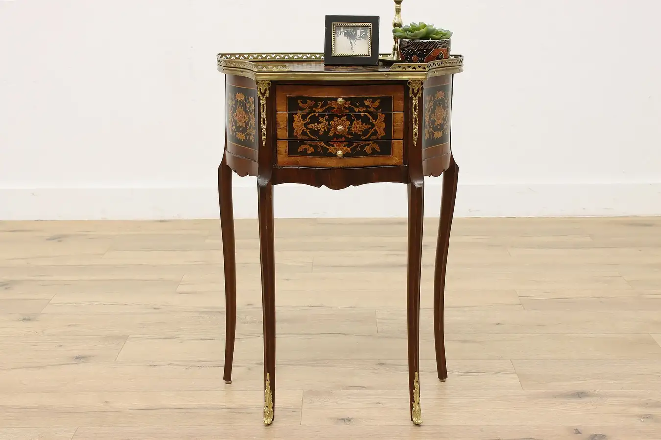 Main image of French Design Vintage Rosewood Demilune Nightstand Marquetry