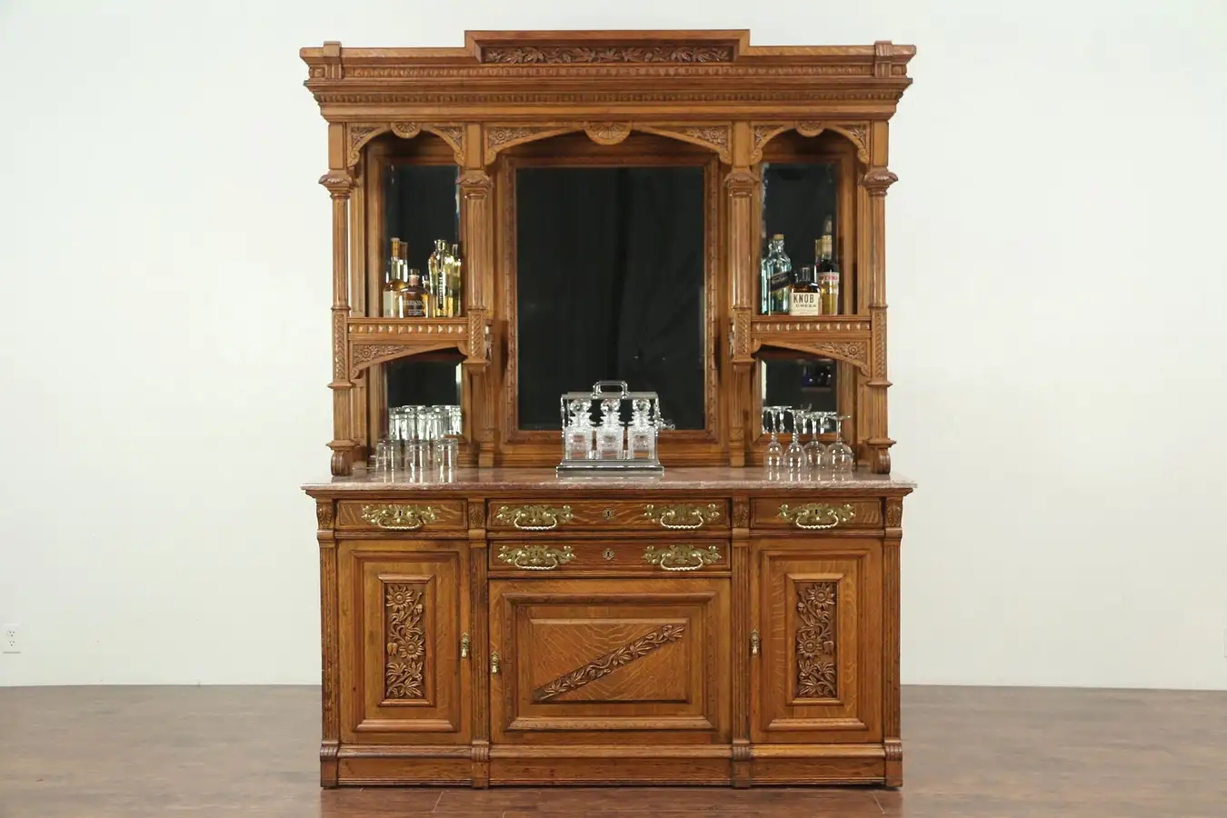 Main image of Victorian Eastlake Antique Oak Back Bar or Sideboard, Beveled Mirrors