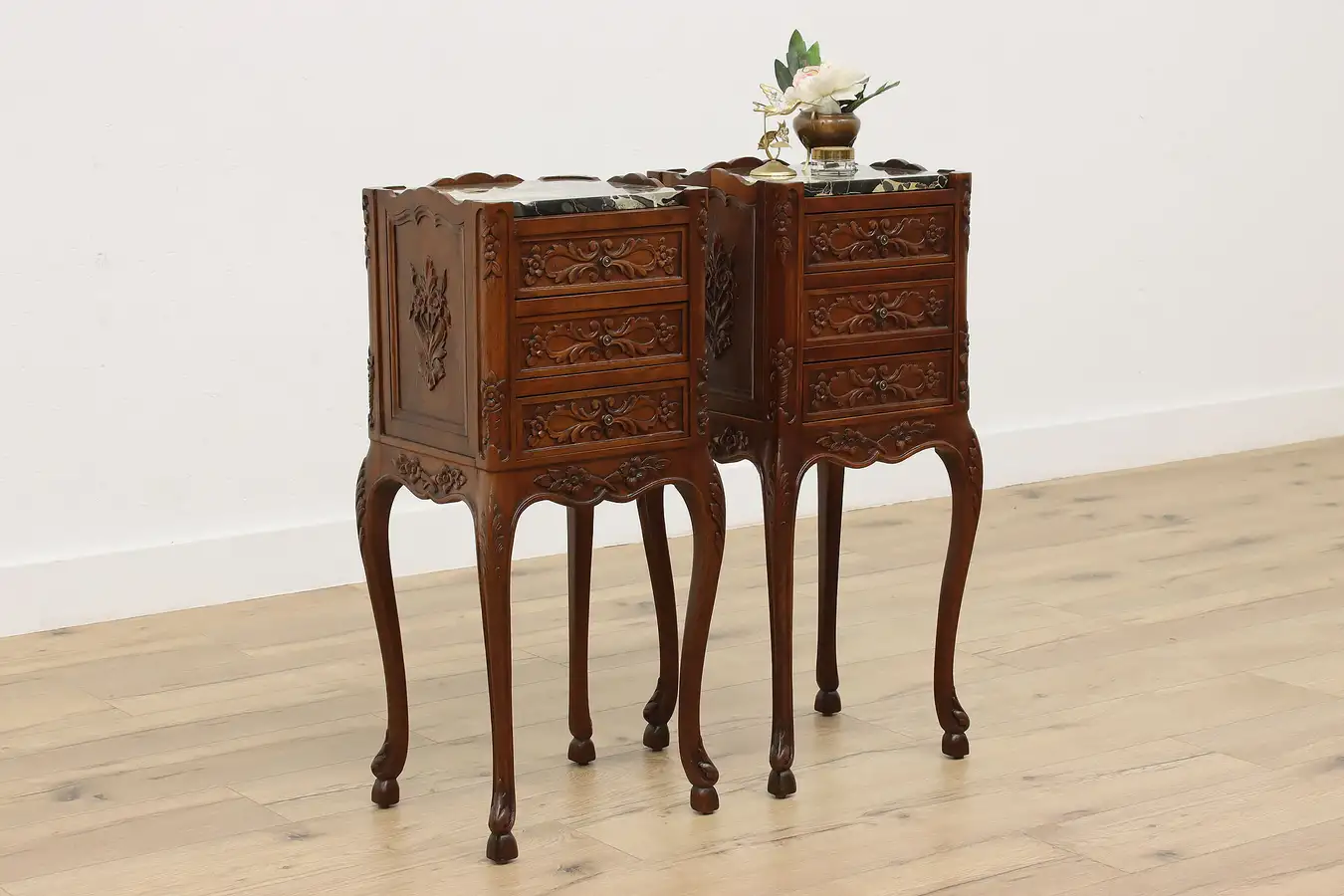 Main image of Pair of Antique Walnut & Marble Nightstands or End Tables