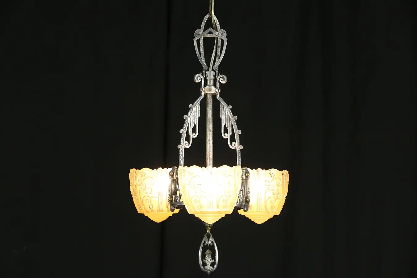 Main image of Art Deco 1925 Antique Chandelier, Etched Glass Shades, Pewter Finish