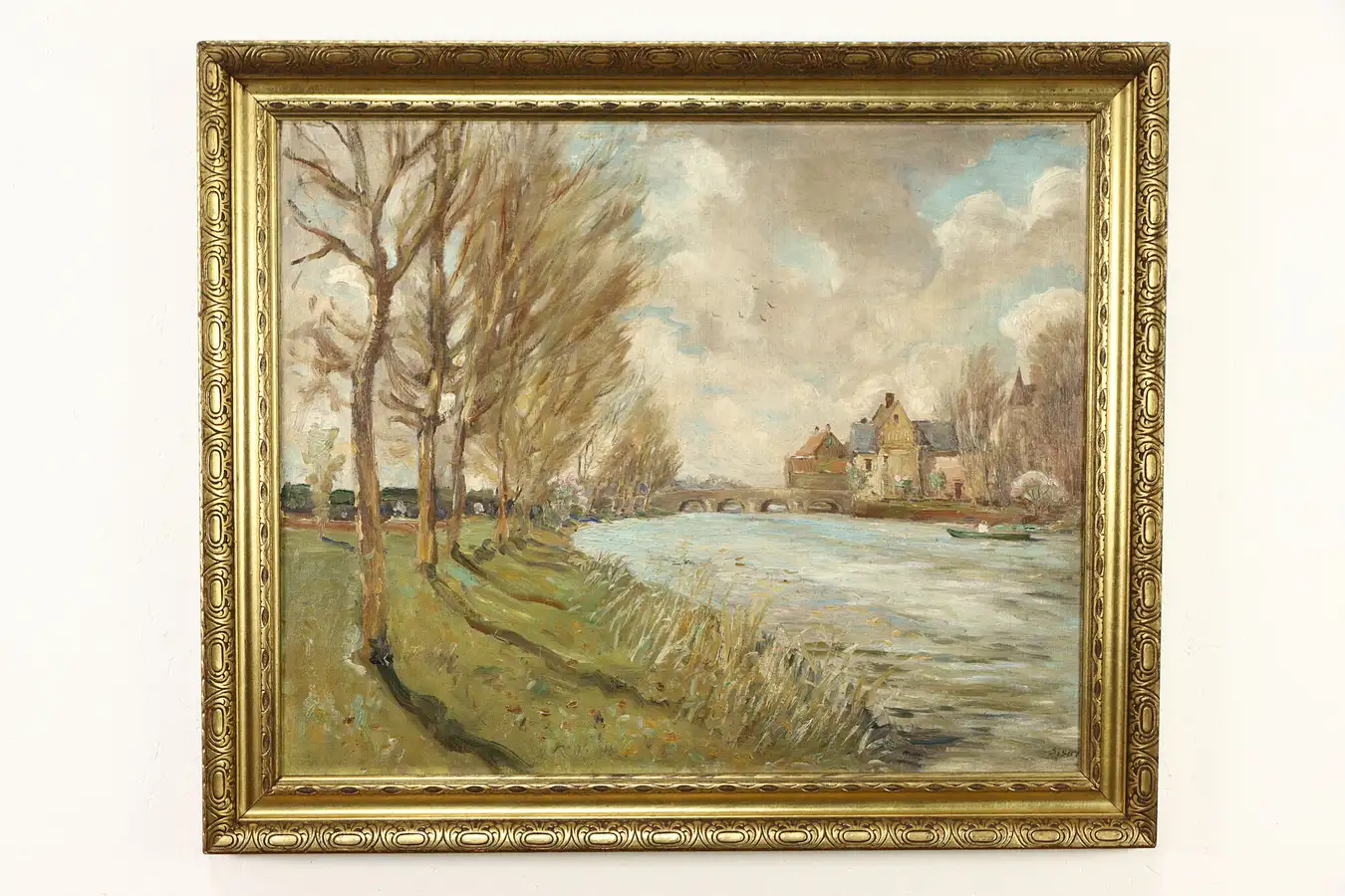 Main image of River, Town, Bridge Original Antique Oil Painting after Alfred Sisley 37"