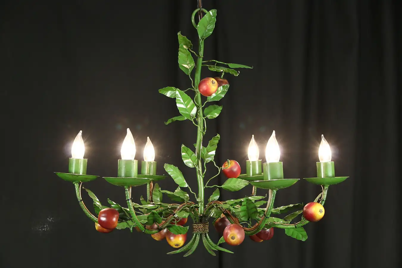 Main image of Italian Wrought Iron Vintage 6 Light Chandelier, Hand Painted Apples