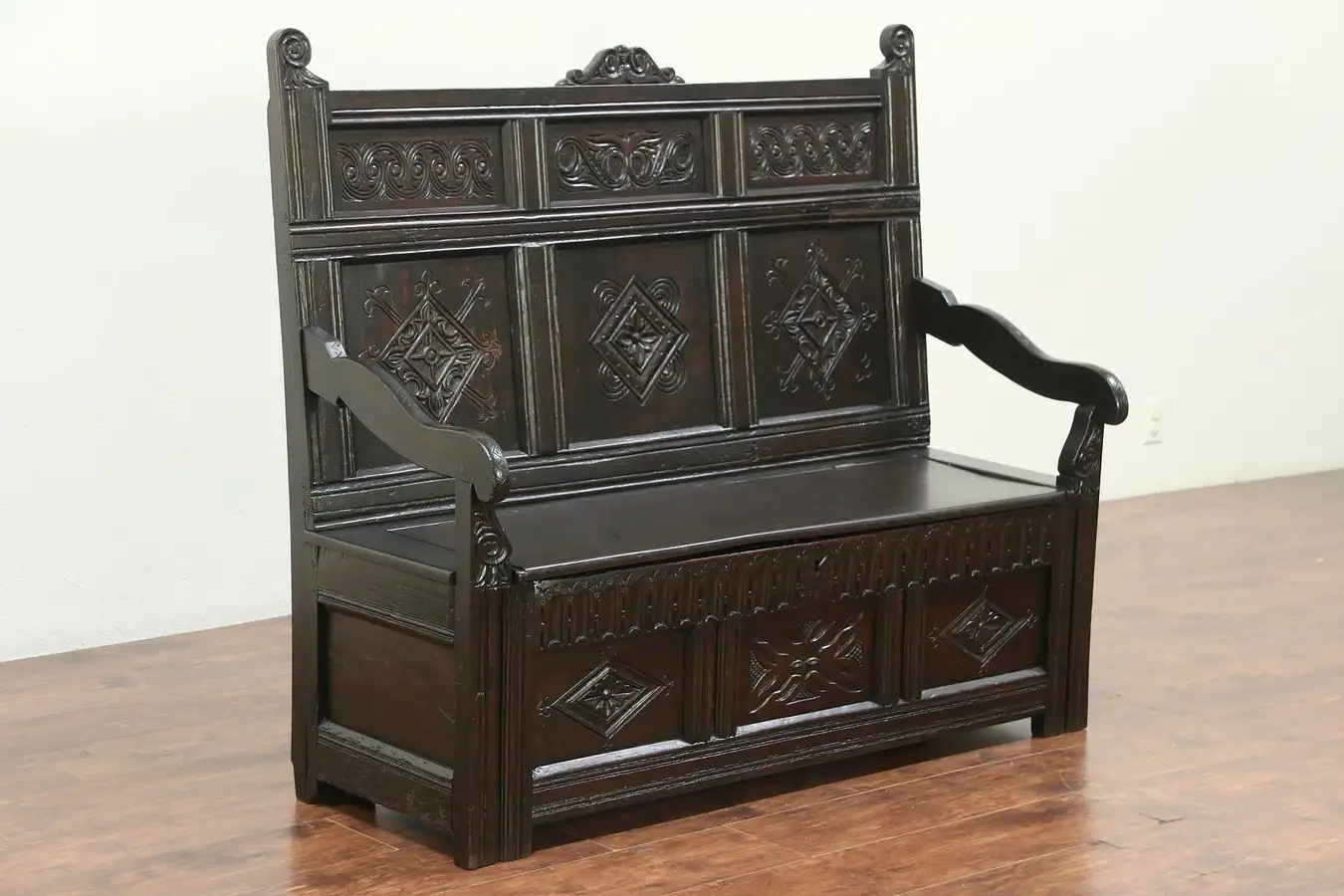 Main image of Flemish 1750's Antique Carved Oak Hall Bench, Lift Seat Storage