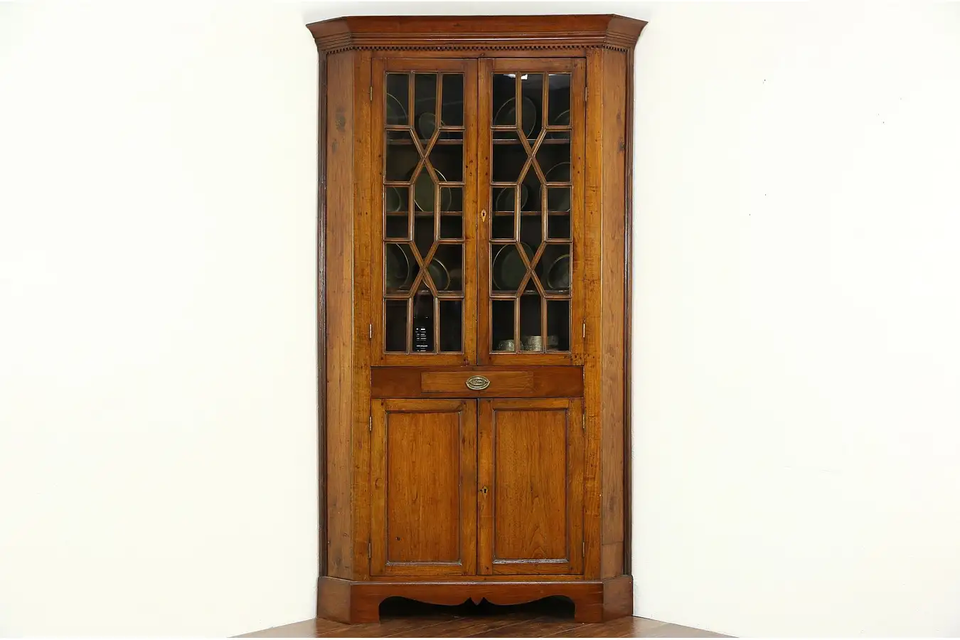 Main image of Walnut Antique 1850's Ohio Corner Cupboard or Cabinet, Wavy Glass Panes