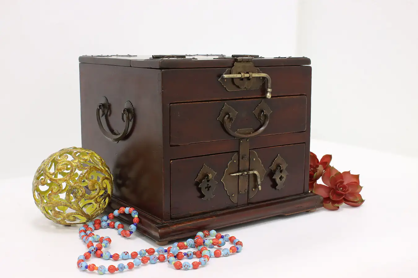 Main image of Chinese Antique Dressing Case Jewelry Chest & Mirror