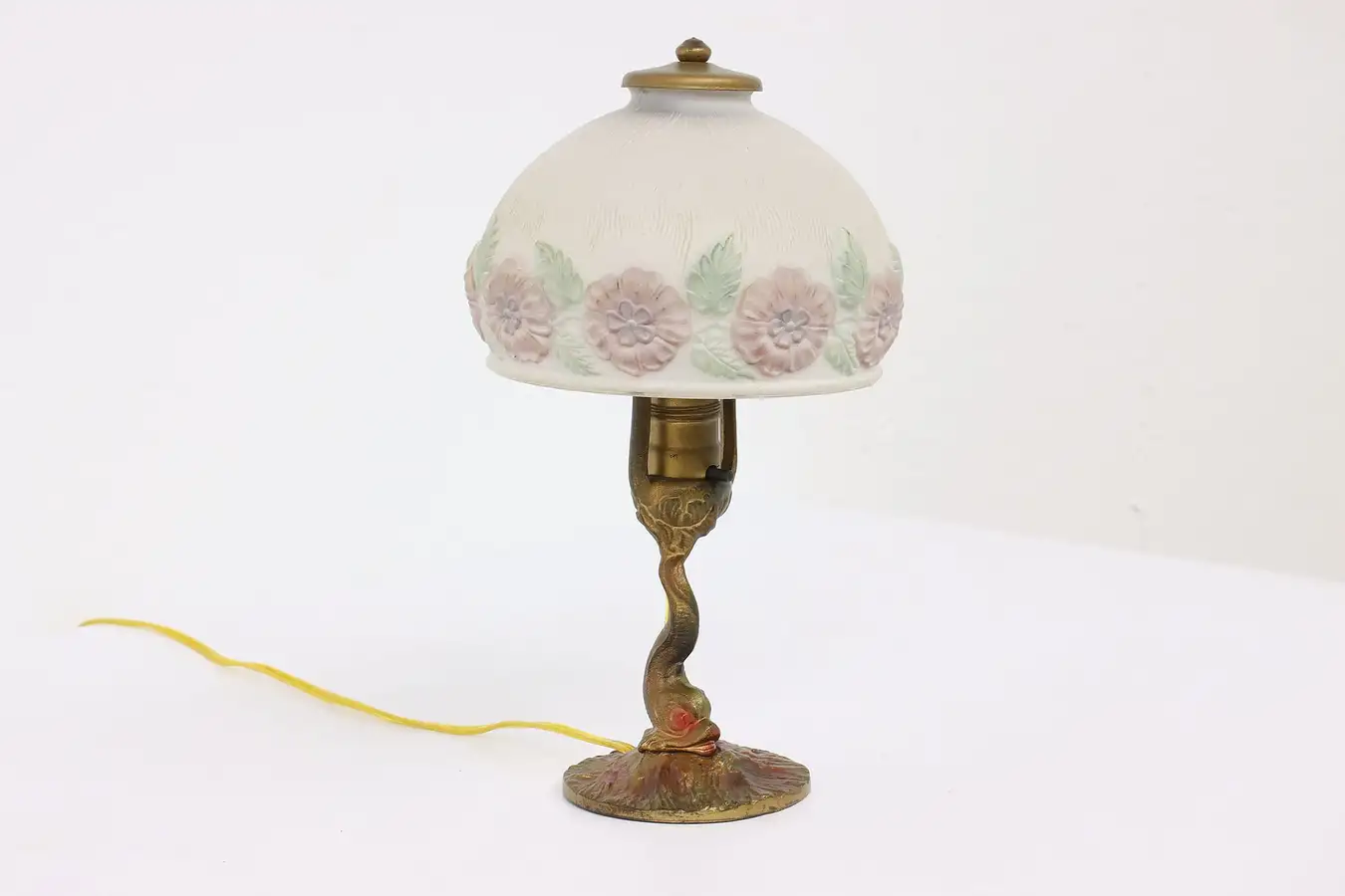 Main image of Boudoir or Desk Antique Lamp Reverse Painted Etched Shade, Fish Base
