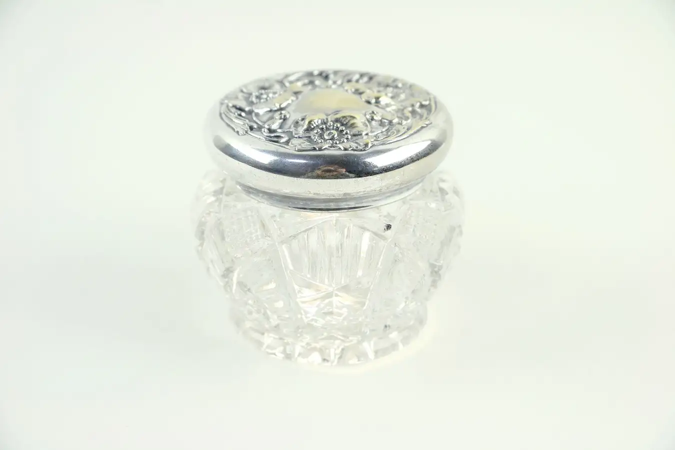 Main image of Boudoir Jar, Antique 1900 Glass, Silverplate Cover