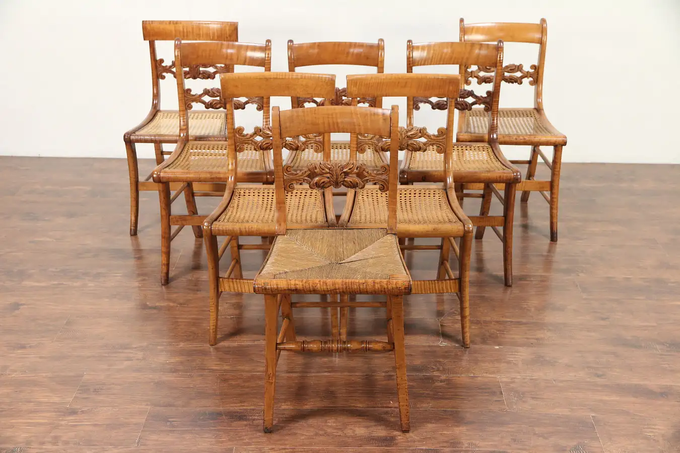 Main image of Set of 8 Antique 1825 Curly Tiger Maple Greek Revival Dining Chairs