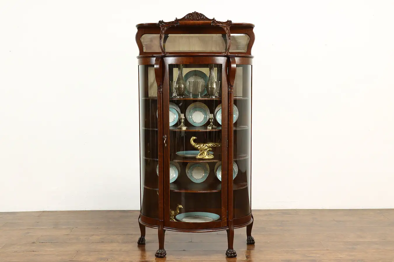 Main image of Victorian Antique Oak Curved Glass Curio, China Display Cabinet, Paw Feet