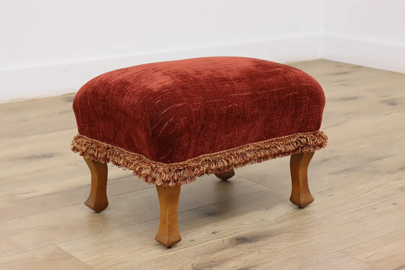 Main image of Carved Walnut Vintage Footstool, Red Upholstery & Fringe