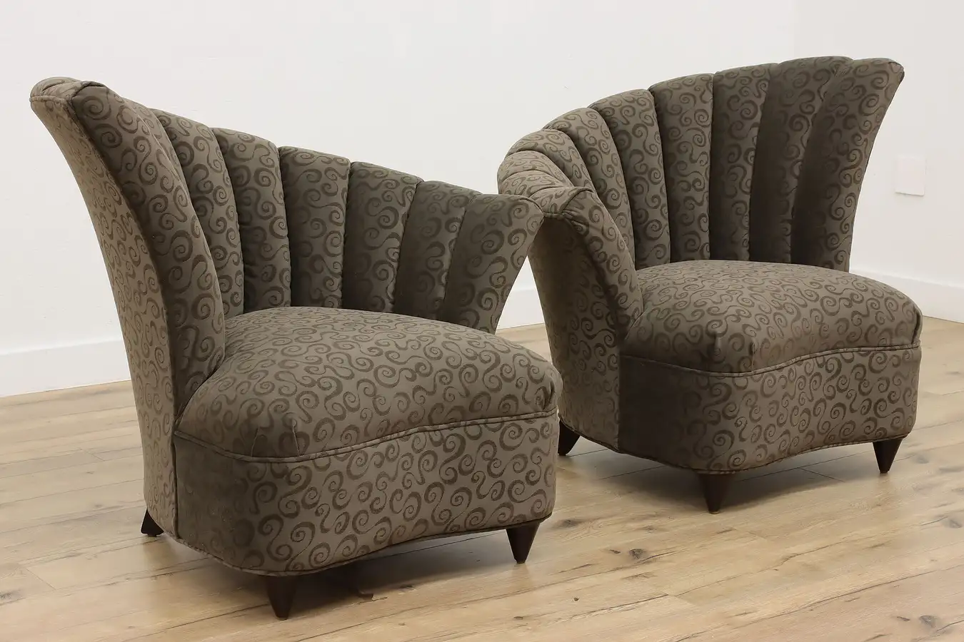 Main image of Pair of Vintage Art Deco Upholstered Fan Back Lounge Chairs