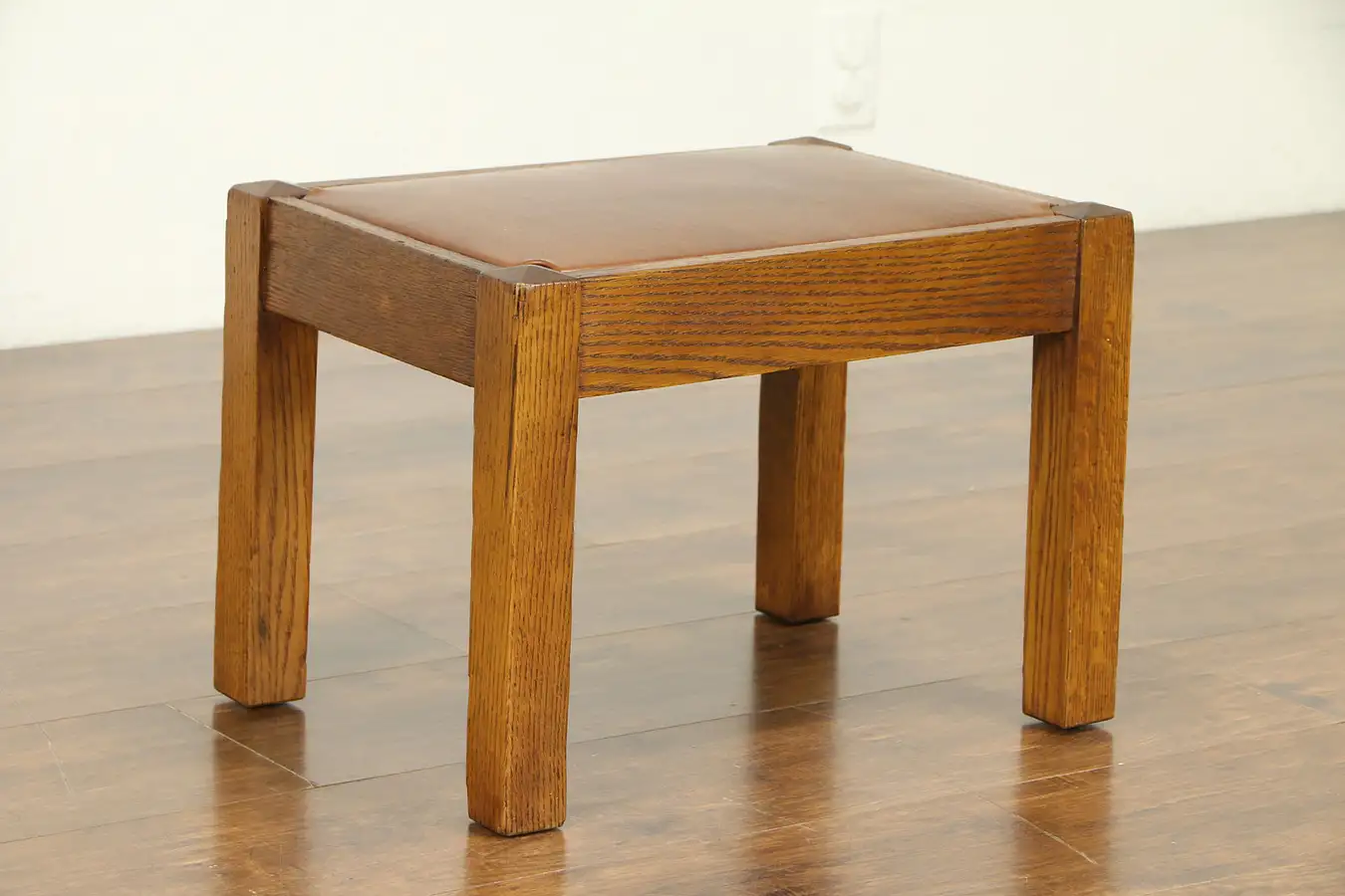 Main image of Arts & Crafts Mission Oak Antique Craftsman Stool or Bench, Leather Seat