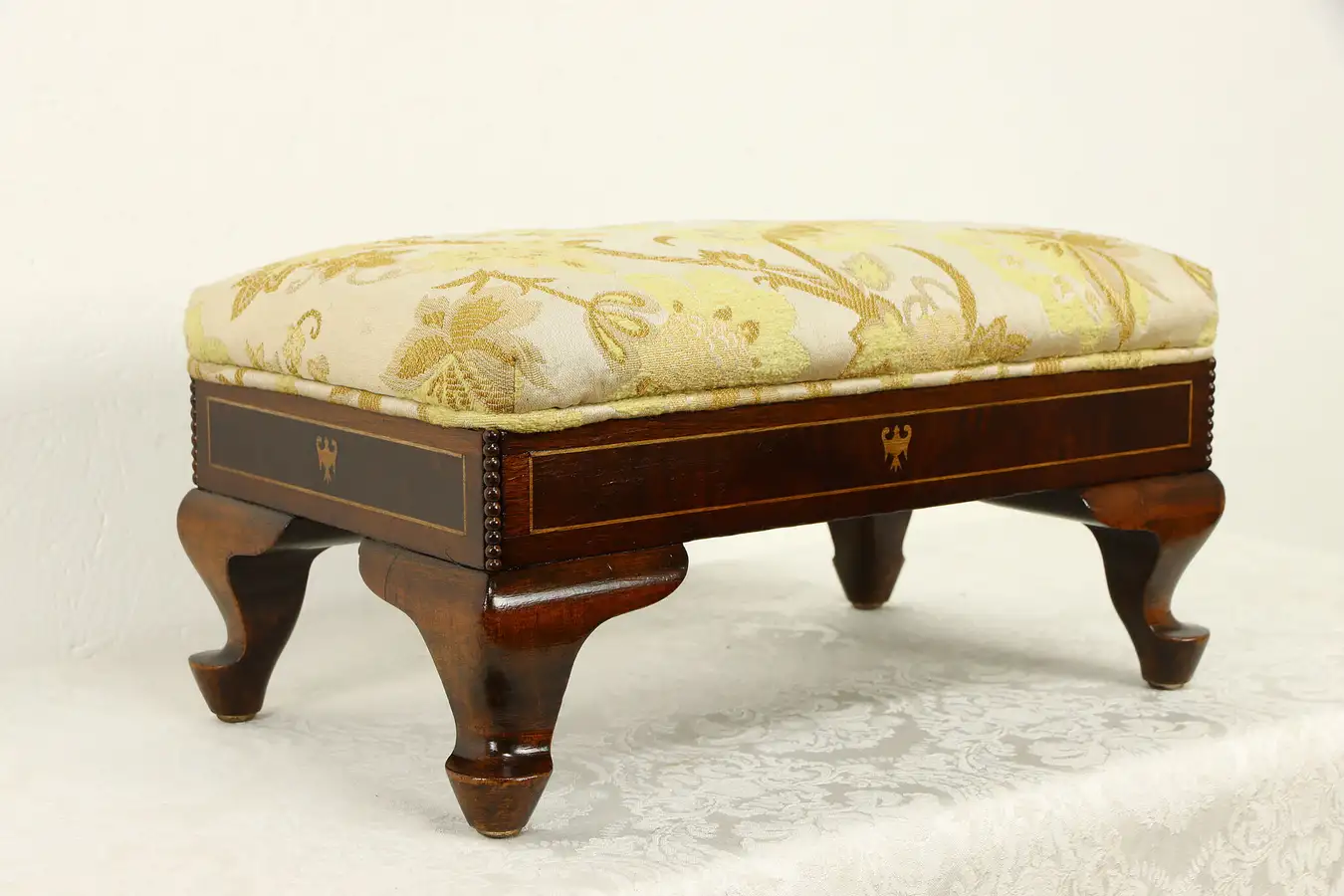 Main image of Carved Maple & Burl Antique Footstool, Inlaid Marquetry & Banding