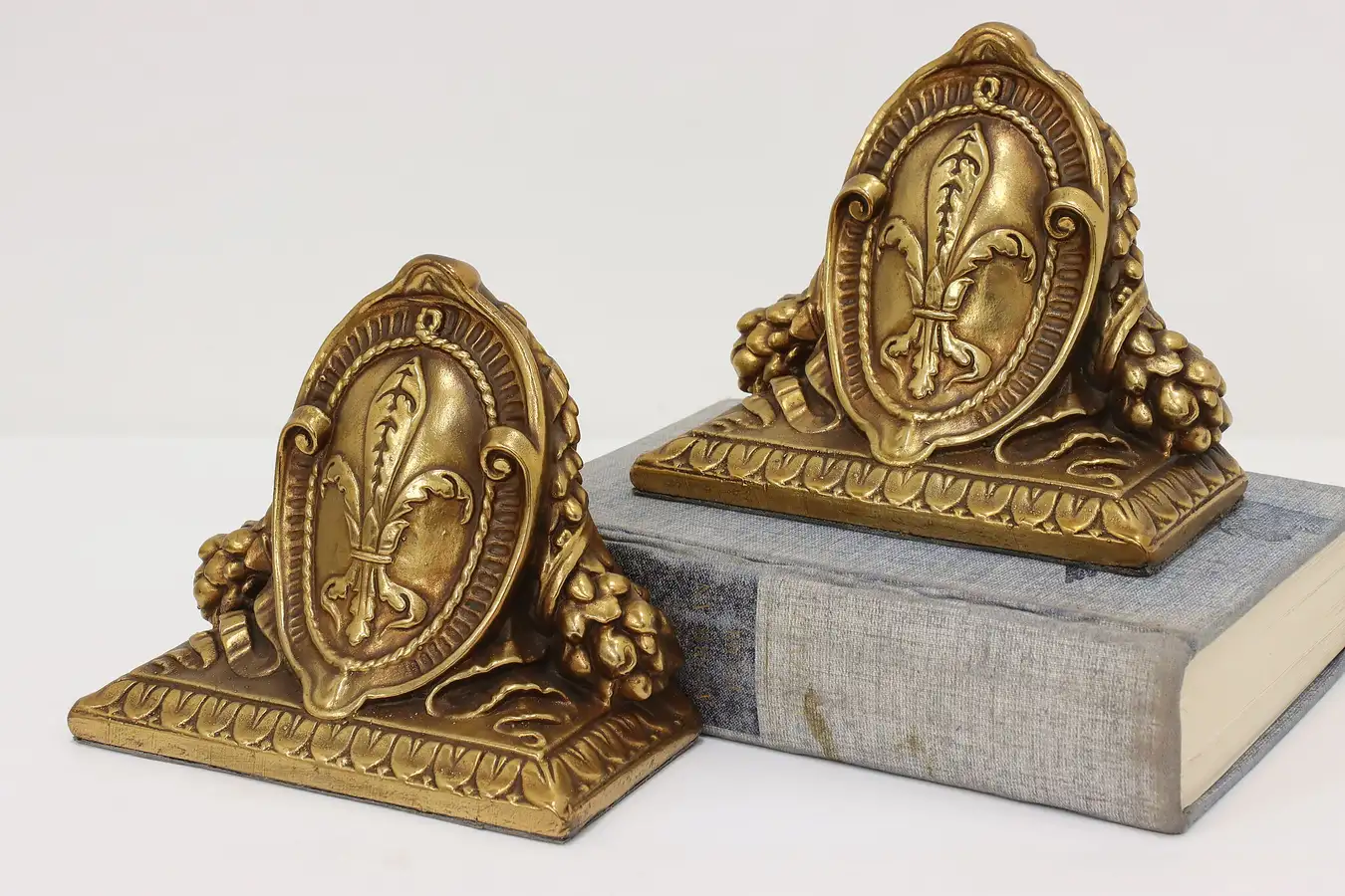 Main image of Pair of Vintage Brass Clad Fleur de Lis Library Bookends, MB