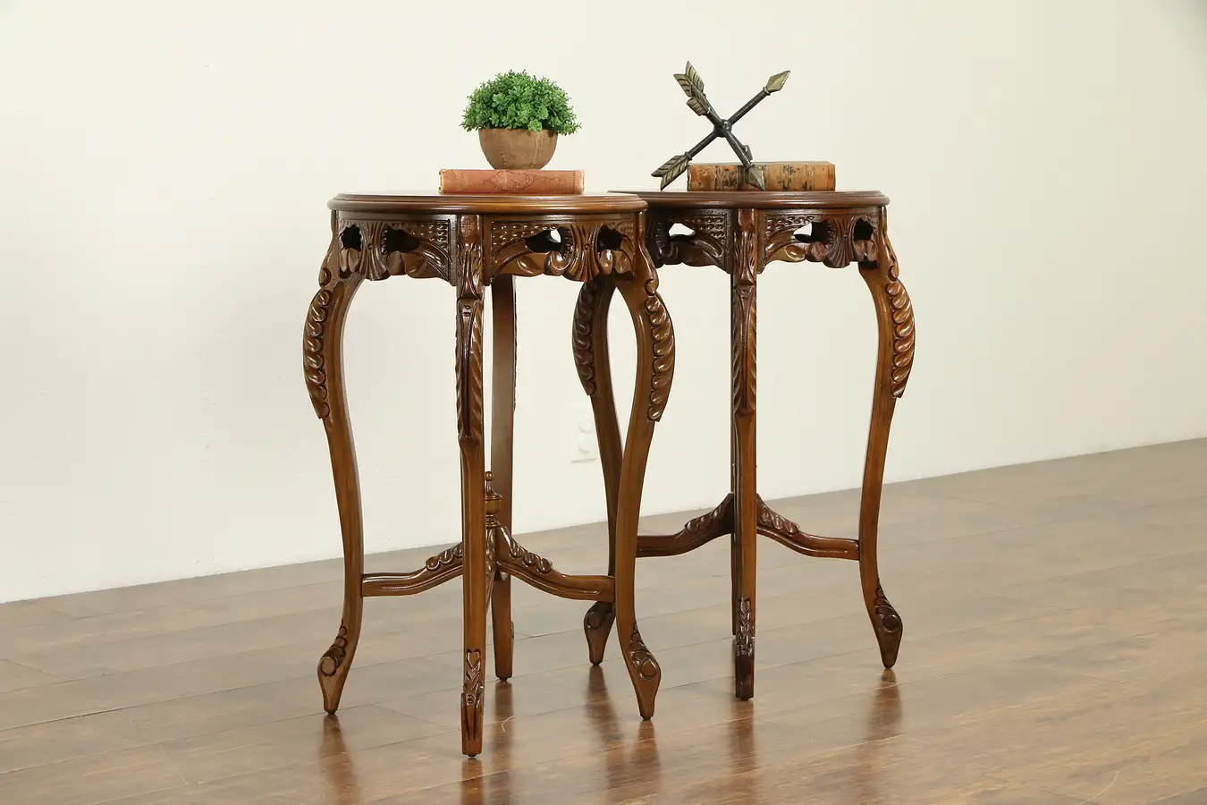 Main image of Pair of Carved Walnut & Marquetry Vintage Lamp or End Tables