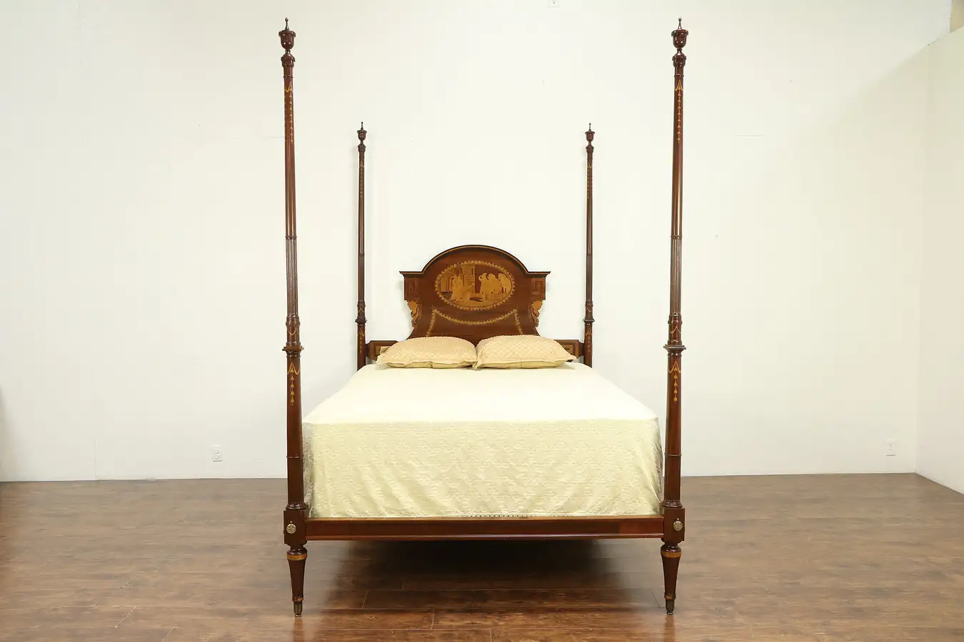 Main image of Spanish Antique Queen Size Poster Bed, Classical Scene Marquetry