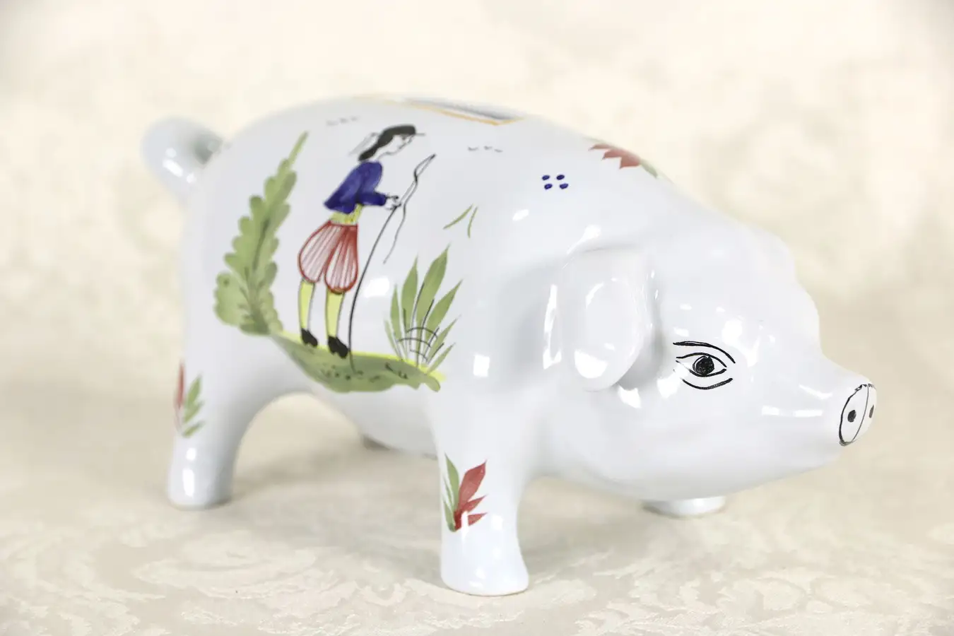 Main image of Quimper Piggy Bank, Hand Painted, Signed Brittany, France