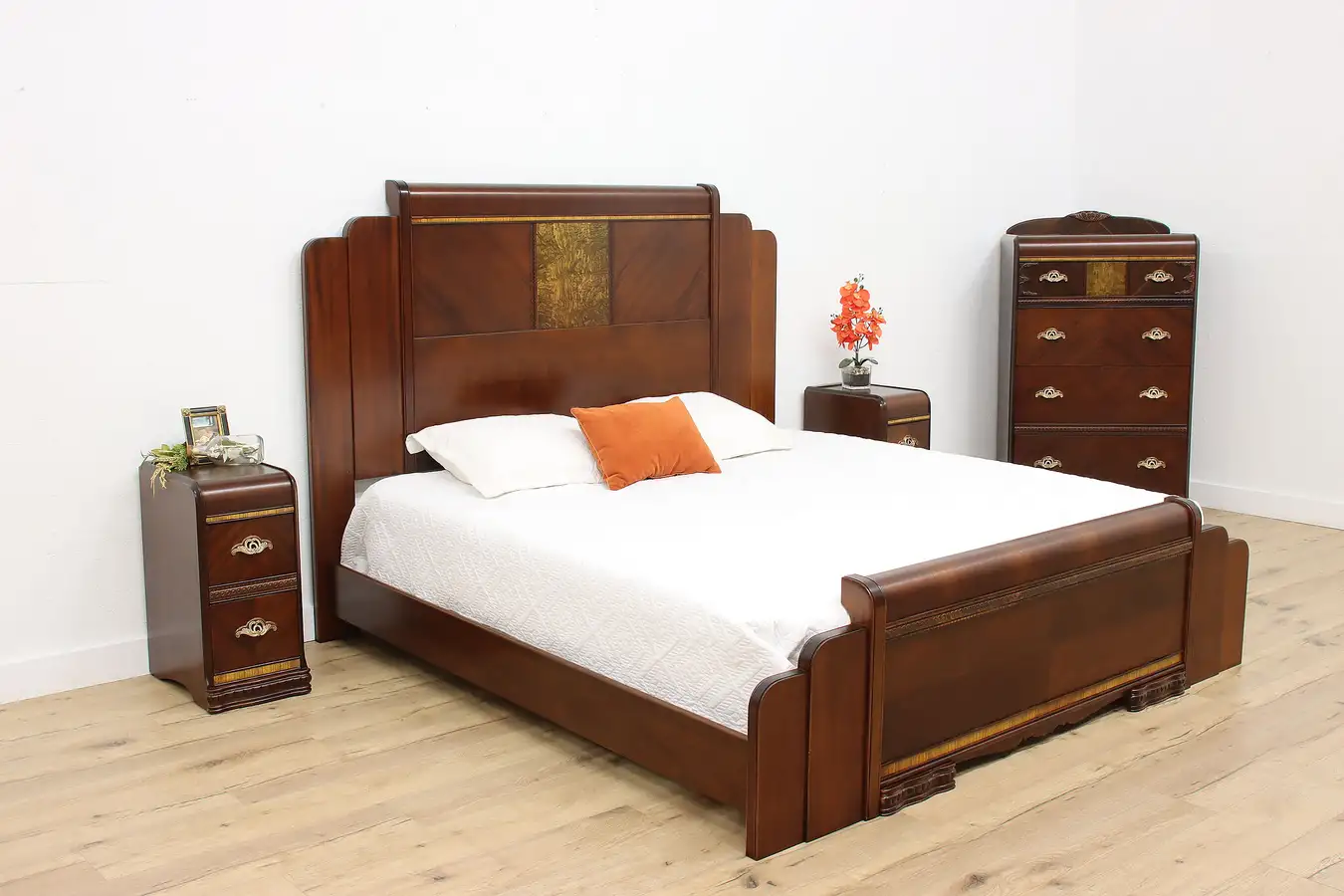 Main image of Art Deco 4 Pc Vintage Waterfall King Size Walnut Bedroom Set