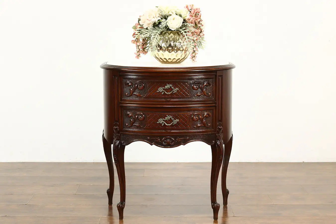 Main image of Georgian Style Vintage Carved Mahogany Demilune or Hall Chest, Marble Top