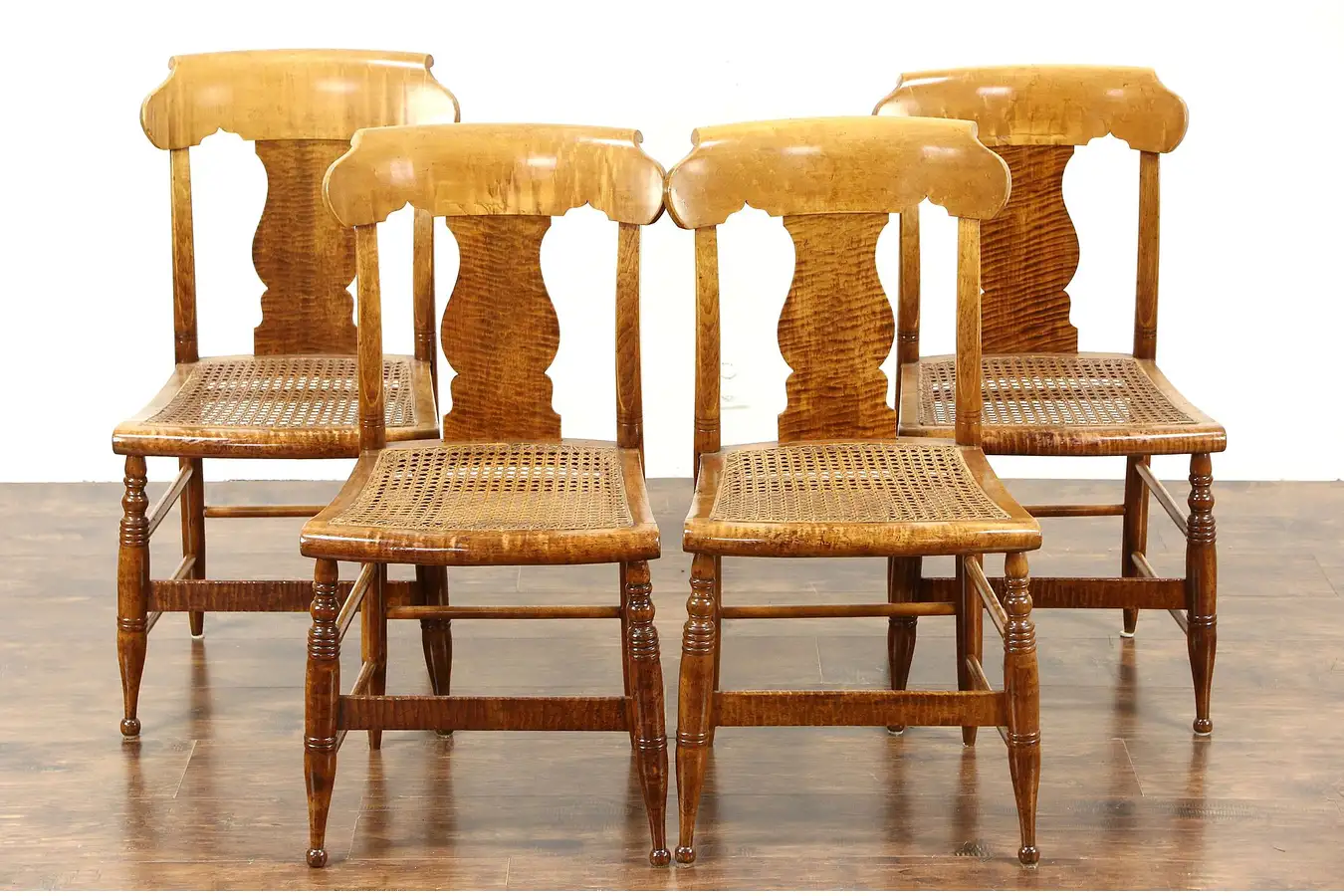 Main image of Set of 4 Antique 1830 Tiger Birdseye Curly Maple New England Dining Chairs