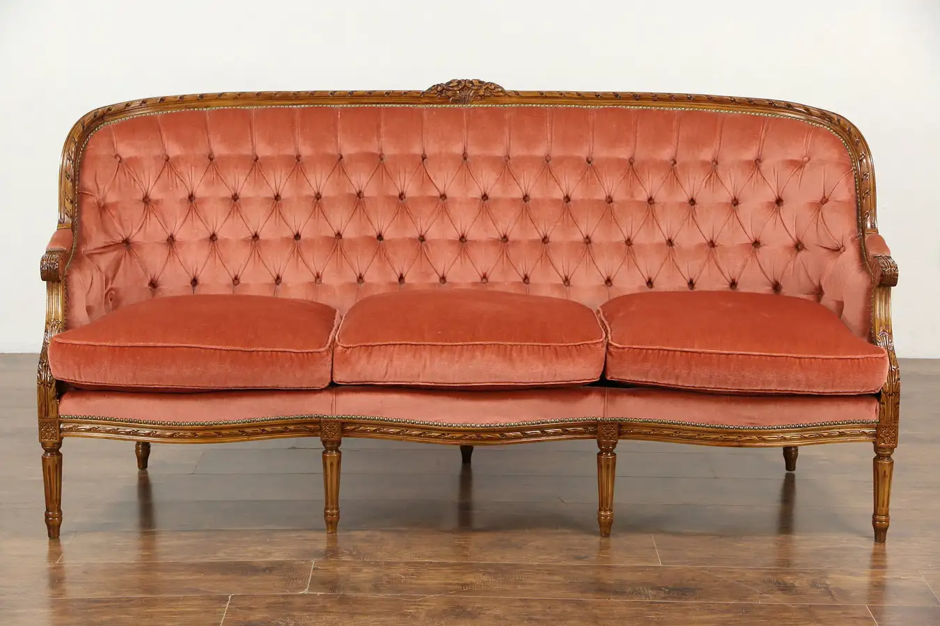 Main image of French Louis XVI Style Vintage Carved Sofa, Tufted Upholstery