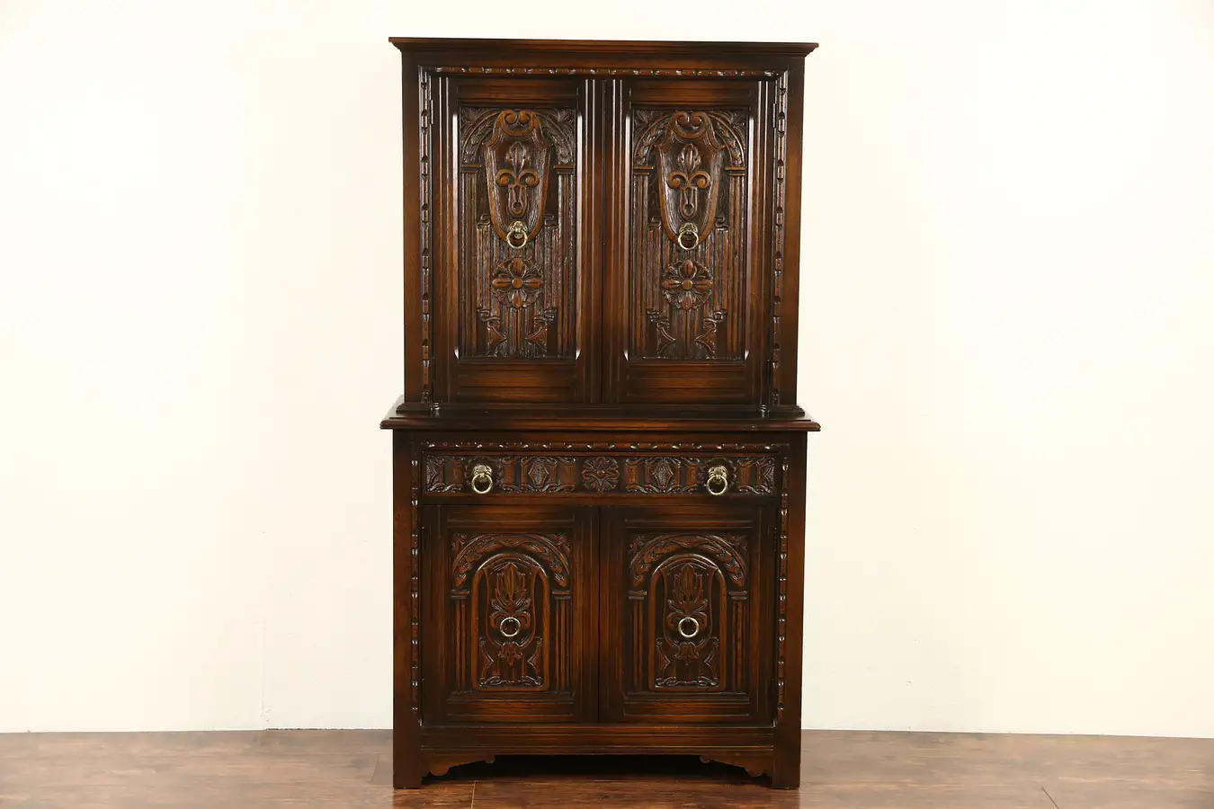 Main image of English Tudor 1925 Antique Carved Oak Bar or China Cabinet, Signed Life Time