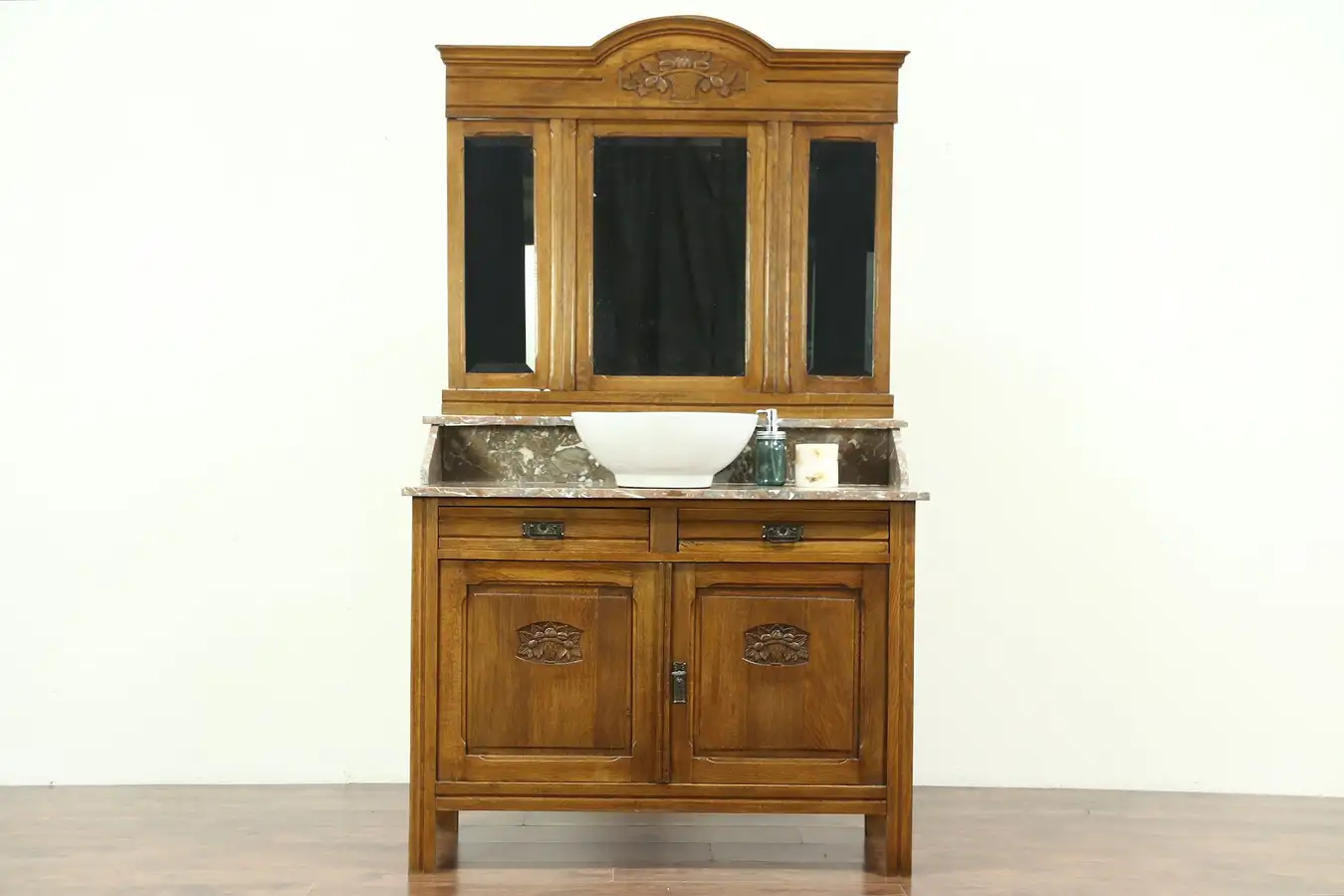 Main image of Oak & Marble Top Antique Washstand, Bar, Vessel Sink Vanity, Beveled Mirrors