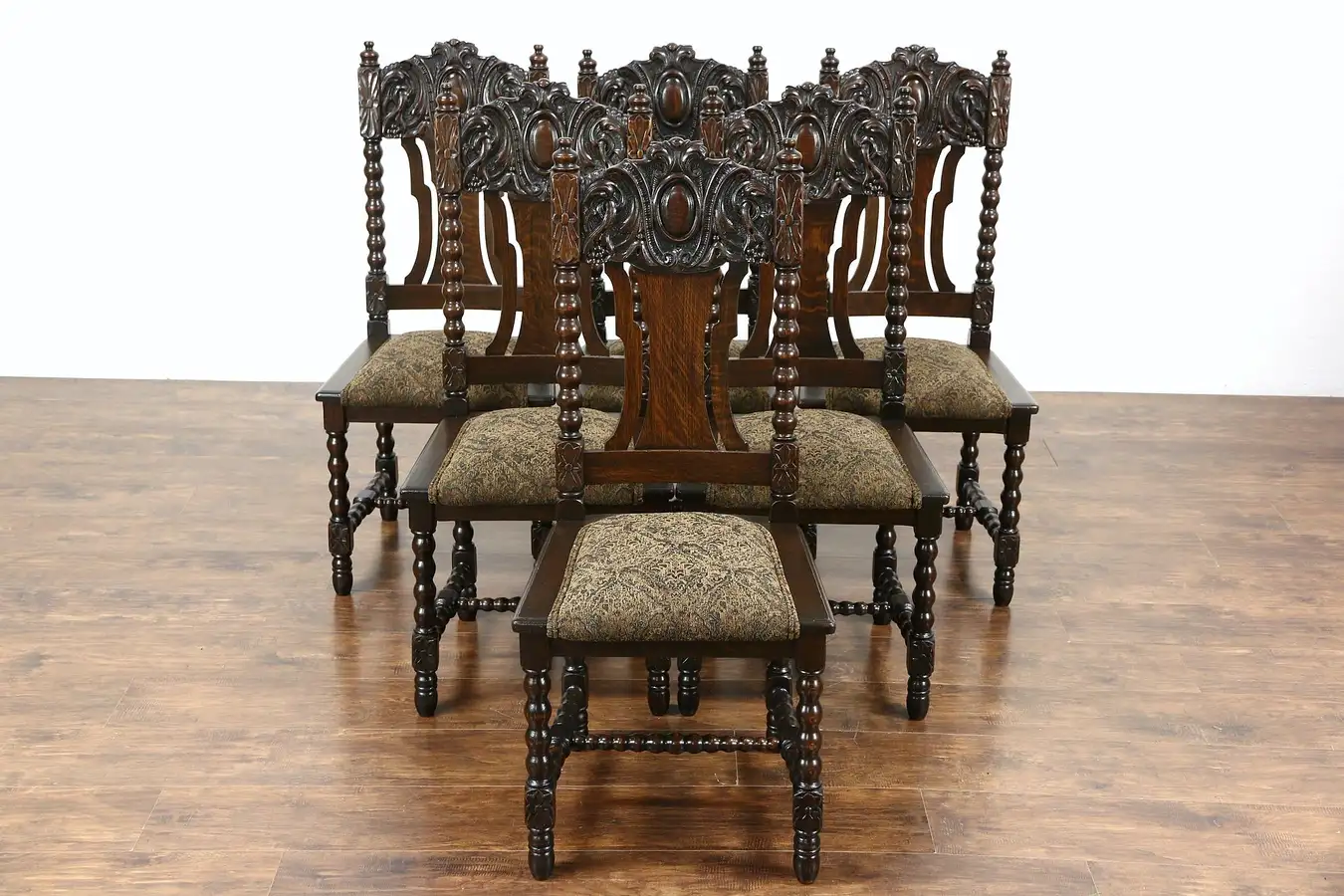 Main image of Set of 6 Oak Carved 1900 Antique Scandinavian Dining Chairs, New Upholstery