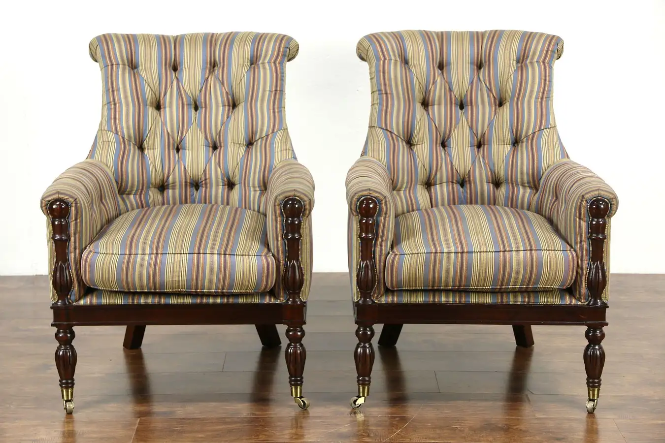 Main image of Pair Kravet Signed Tufted Chairs, Hand Made, Brass Wheels
