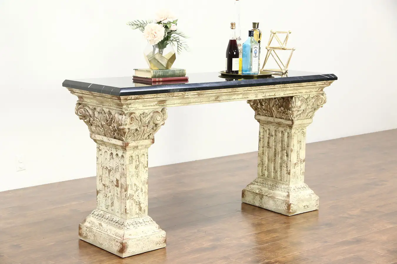 Main image of Marble Top Hall Console or Sofa Table, Classical Faux Stone Base