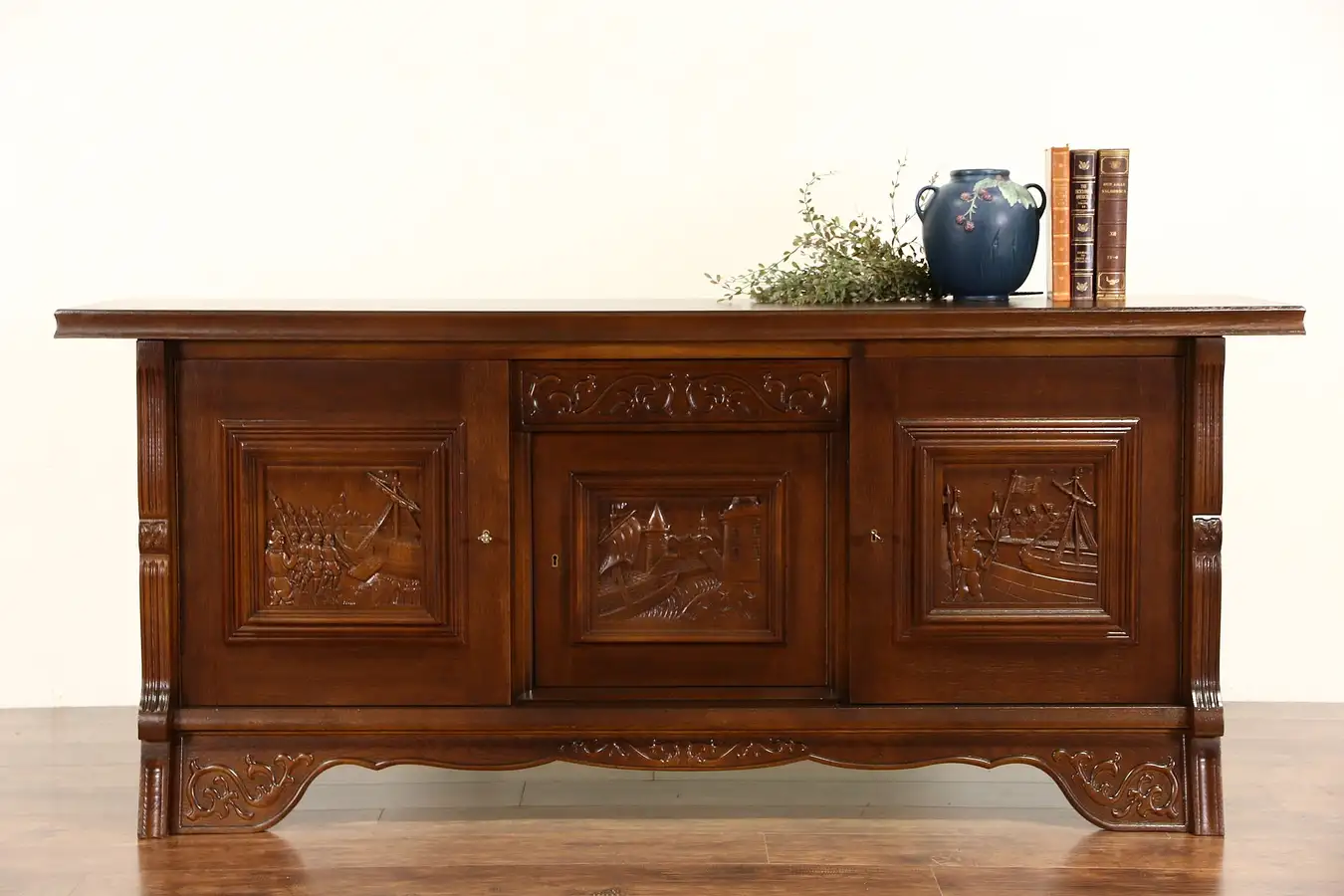 Main image of Dutch Sideboard, Credenza, TV Cabinet, Carved Oak Nautical Scenes, 1930 Vintage